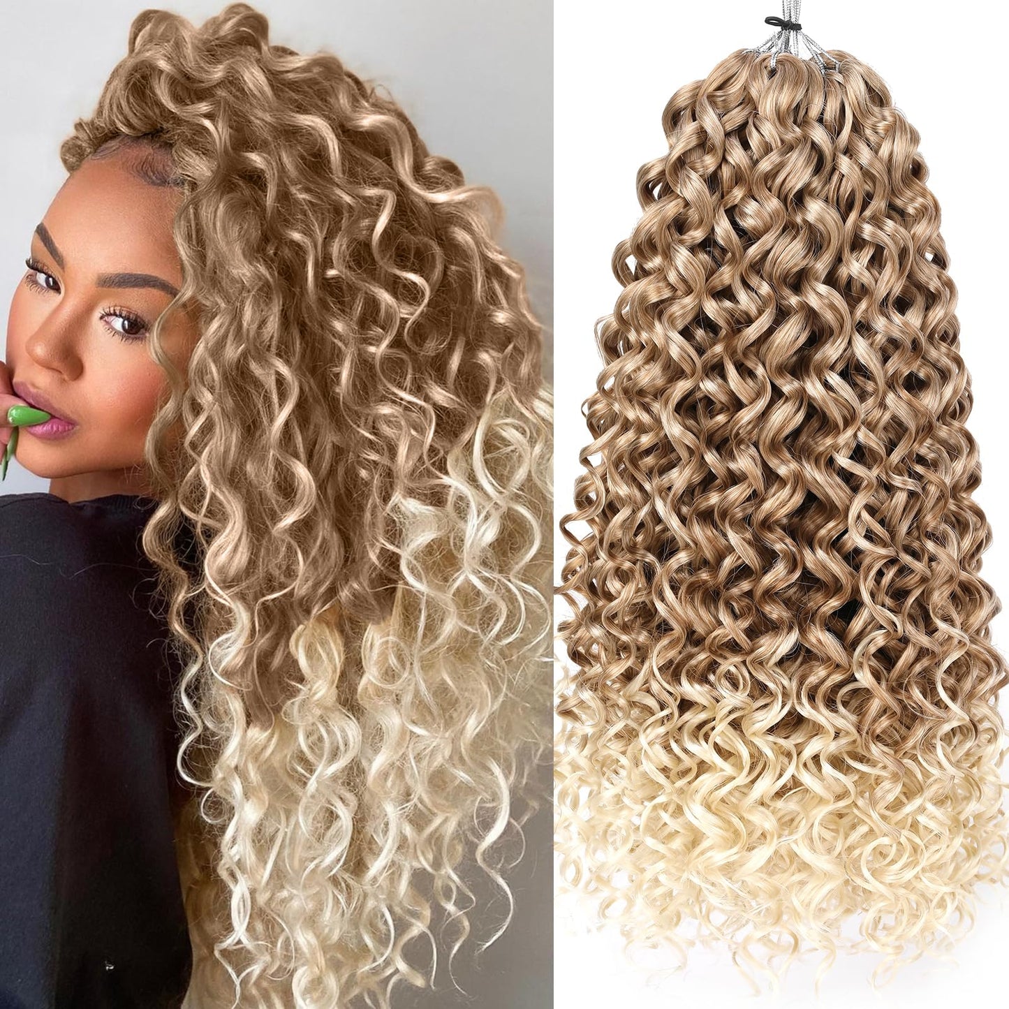Unionbeauty 8 Pack GoGo Curl Crochet Hair Ocean Wave 18 Inch Water Wave Crochet Hair for Women Beach Curl Curly Crochet Hair Ombre Blonde Synthetic Curly Braiding Hair Extension T27/613#