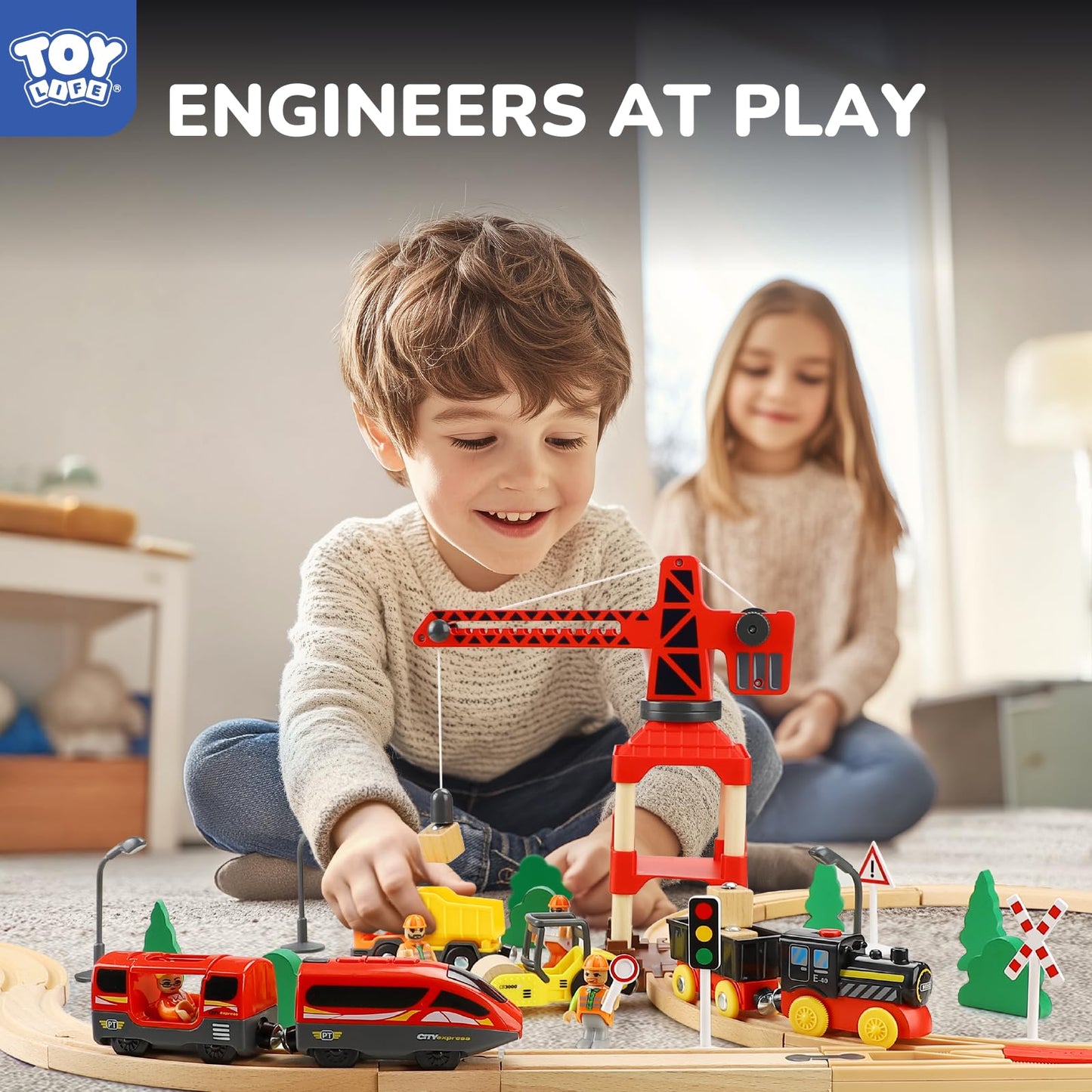 TOY Life Train Set 80pcs with Crane & Locomotive Train Toy, Wooden Train Tracks Toys for Toddlers Boys Girls 3 4 5, Wood Toys Gift Toddler Train for Kids 4-8 - Fits Thomas Brio Chuggington