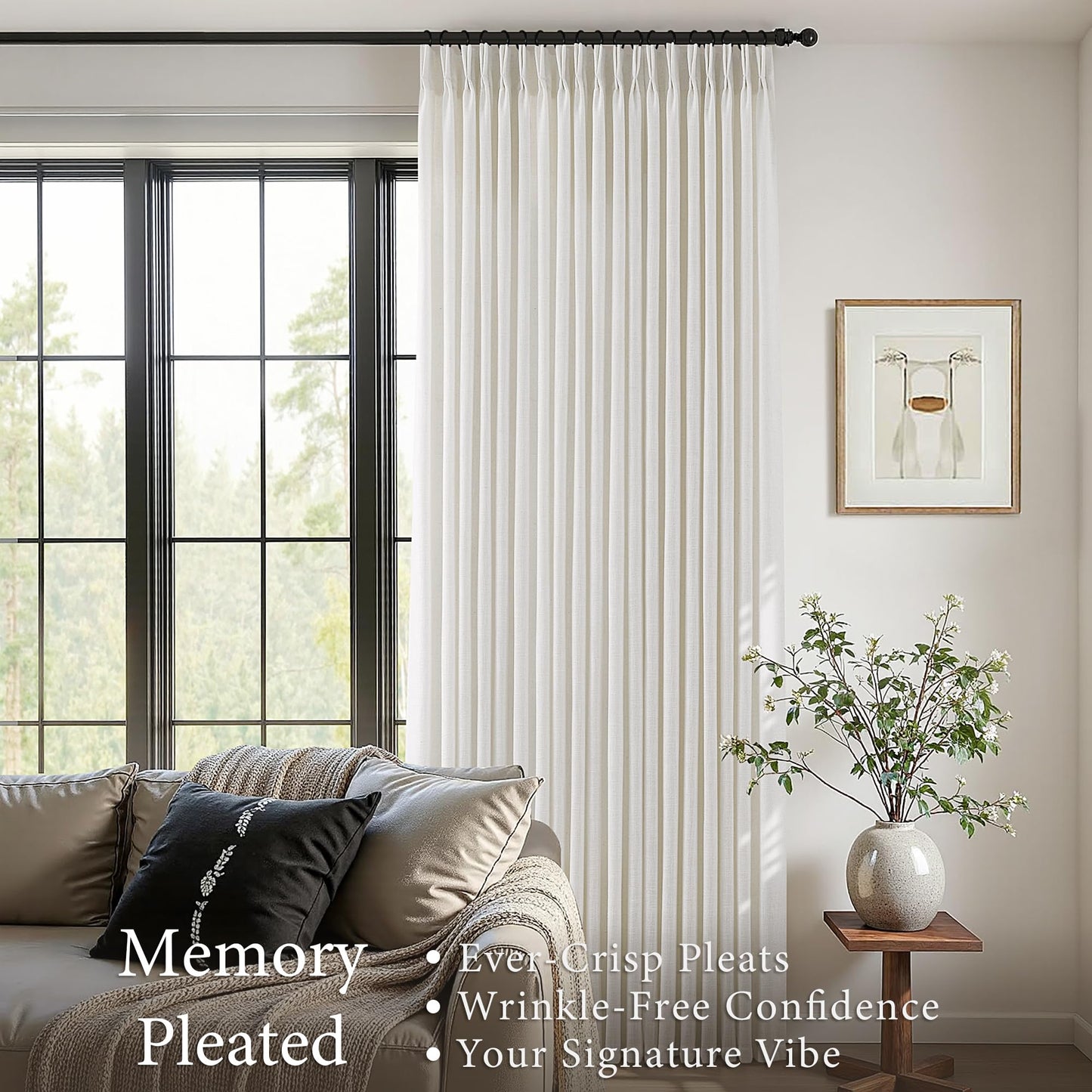 Pinch Pleated Linen Curtains 90 Inches Long for Living Dining Room Bedroom 2 Panel Set Natural Cream Birch Pinch Pleat Curtain 90 Inch Neutral Boho Floor to Ceiling Curtains Semi Sheer Linen Drapes