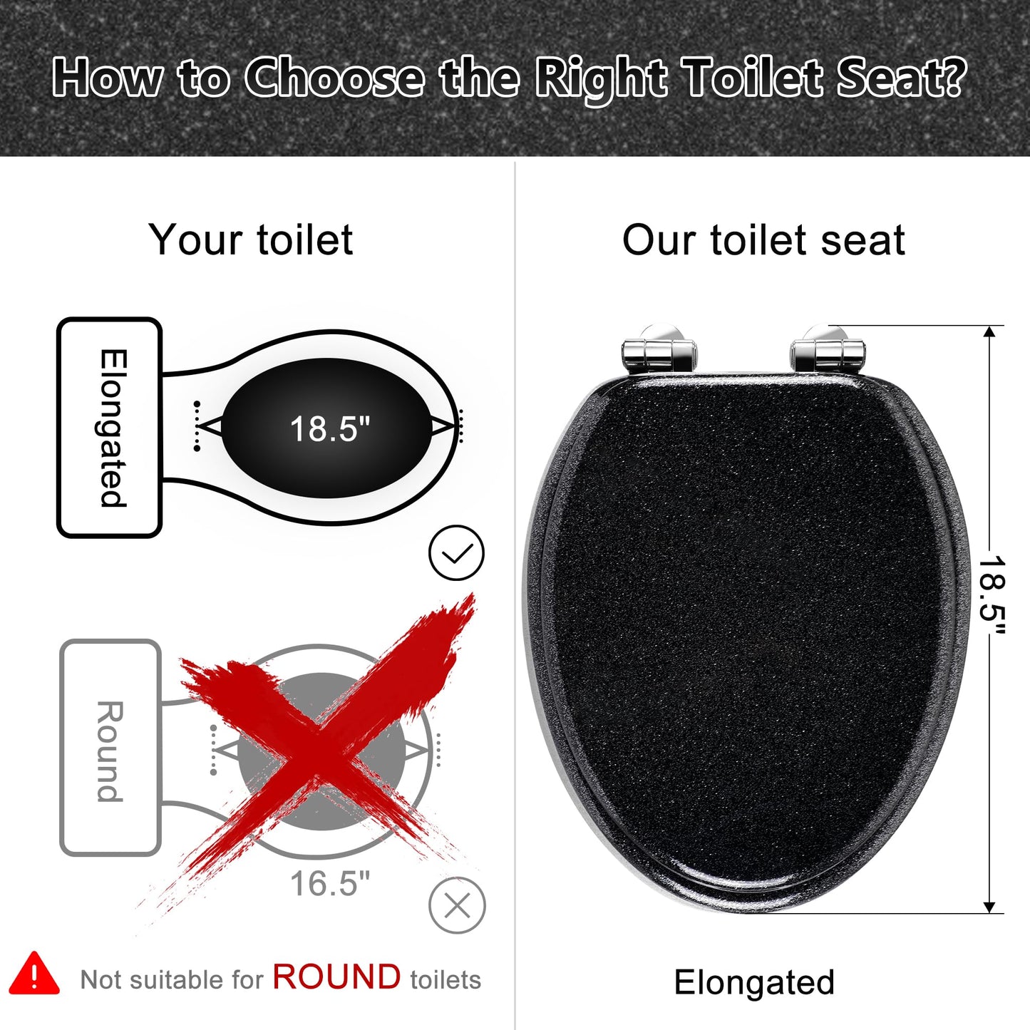 Angol Shiold Glitter Toilet Seat Molded Wood Elongated Toilet Seat with Quietly Close and Quick Release Hinges, Easy to Install also Easy to Clean (Elongated 18.5'', Black)