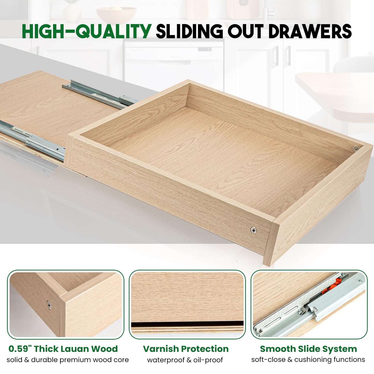 Lille Home Pull Out Drawers for Cabinets, 17" W x 21" D Wood Pull Out Cabinet Organizer, Soft Close Slide Out Drawer for Kitchen Cabinets, Pantry & Storage Pull-Out Shelves, Easy DIY Installation