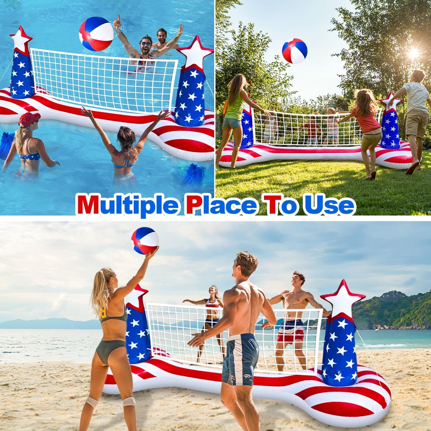 Large Inflatable Pool Games Volleyball Net Pool Float Set with 9" Beach Ball, 2 Weight Bags & American Flag Design – Floating Swimming Game Toy for Adults & Kids, Perfect for 4th of July Party Summer