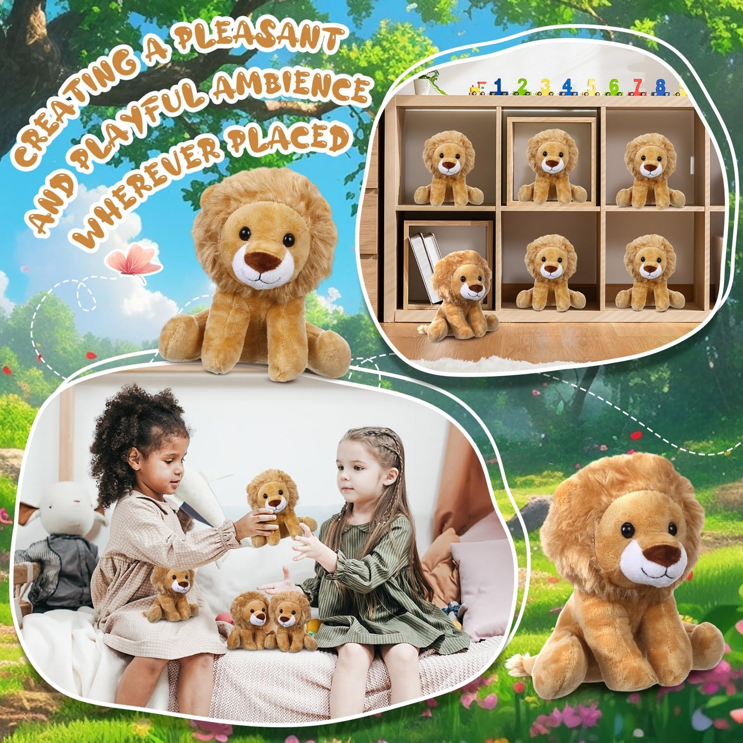 VercanMonth 12 Pieces Lion Plush Set 6 Inches Cuddly Lion Stuffed Animal Soft Cuddly Plushie for Boys Girls Birthday Favors Gifts Forest Party Decor