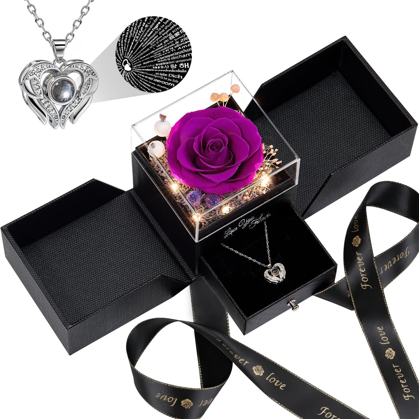 FIACO Gifts for Women Preserved Real Roses with I Love You Necklace Fresh Forever Flowers Birthday Gifts for Mom Grandma Wife Girlfriend on Anniversary Christmas Valentines Romantic Gift