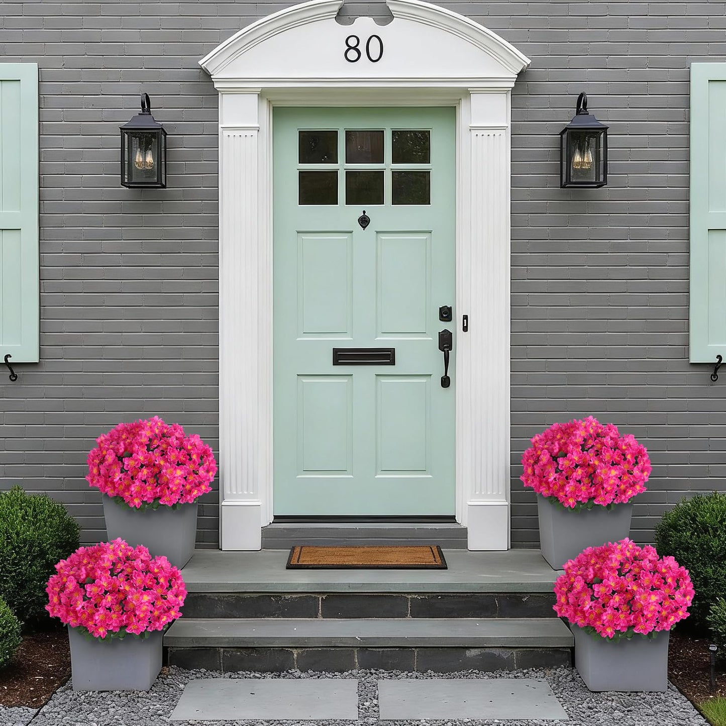 Juxdp 2 Sets of Artificial Camellia Topiary Ball Trees - Fake Flower Potted Plants, UV Resistant Faux Camellia Potted Bushes for Front Door, Farmhouse, Porch, Garden, Outdoor Decoration (Rose Red)