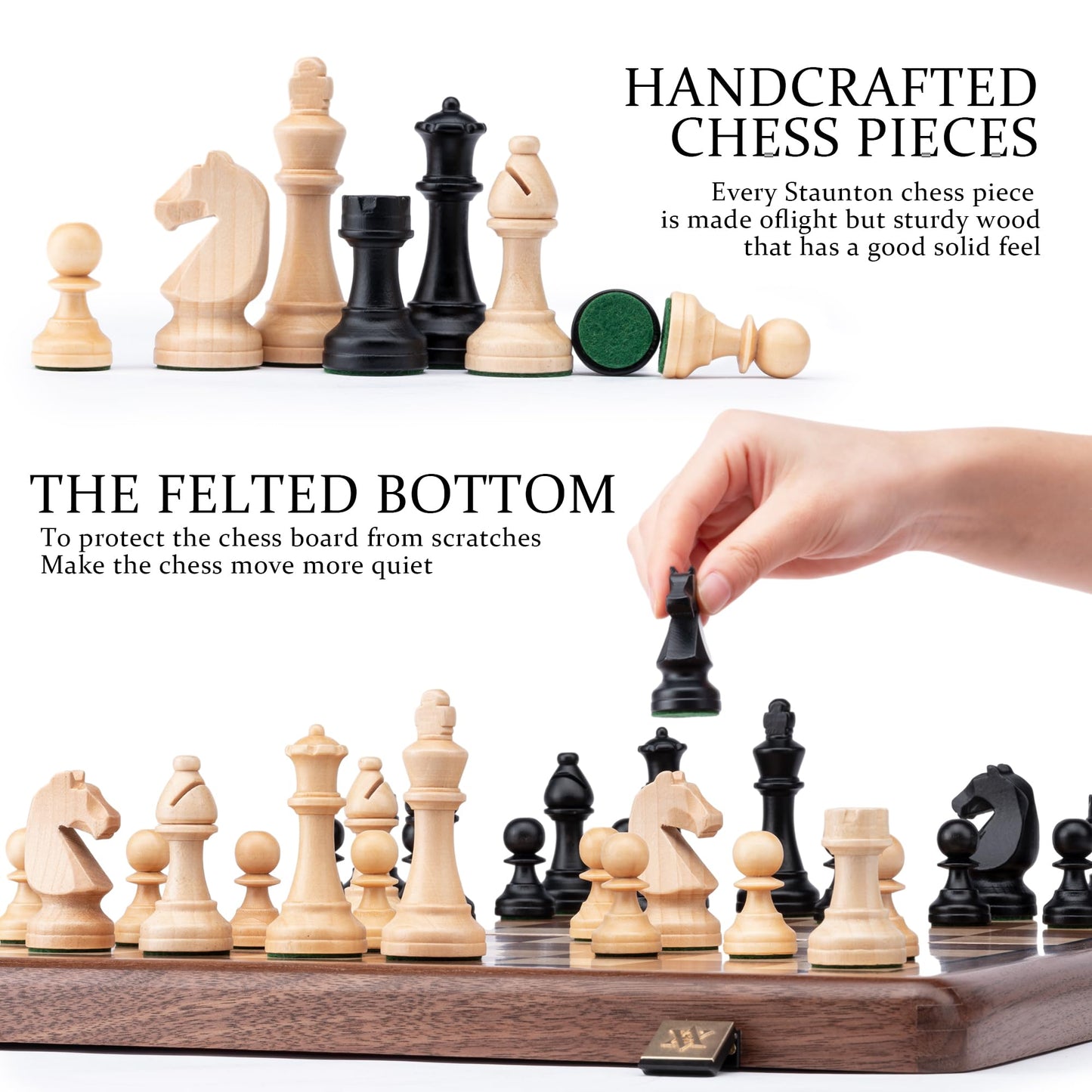 A&A Premium Natural Walnut Folding Chess Board Game Set, 15" Wooden Chess Board & 3" King Height Staunton Chess Pieces with 2 Extra Queens, Portable Travel Chess Set with Storage Bag for Adults & Kids