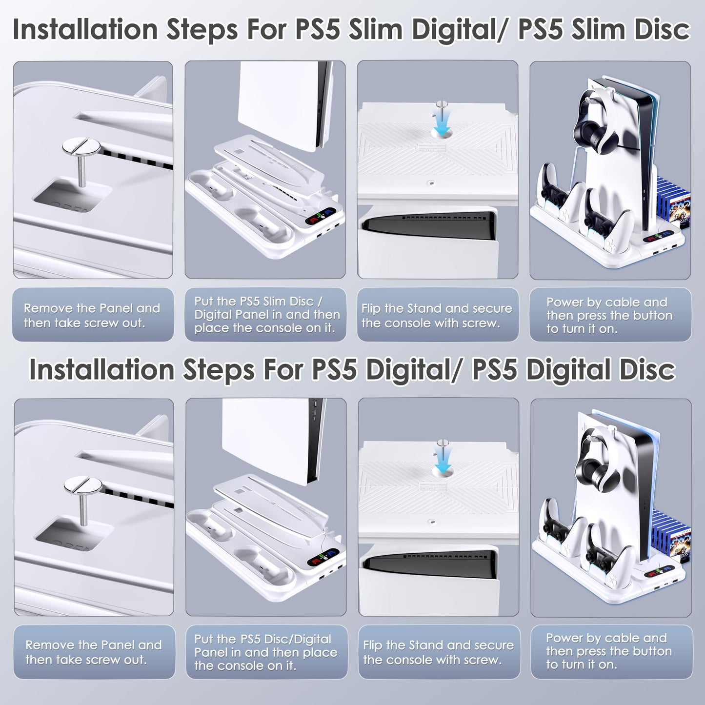 PS5 Cooling Station for PS5/PS5 Slim Disc Digital Console, PS5 Cooling Stand PS5 Slim Cooling Station, PS5 Stand PS5 Accessories with PS5 Controller Charger, 3 Level Fan, 12 Game Slots, RGB Lights