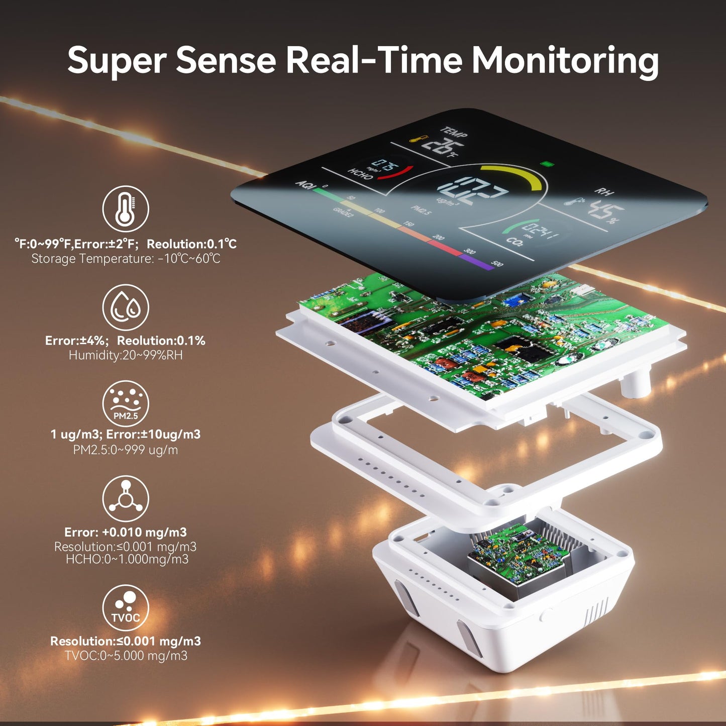 13 in 1 Portable Air Quality Monitor Indoor for Home, Car and Office Air Quality Tester for 6AQI,HCHO, PM2.5, PM1.0, PM10, CO2 Detector Air Quality Meter with Temperature, Humidity (Pearl White)