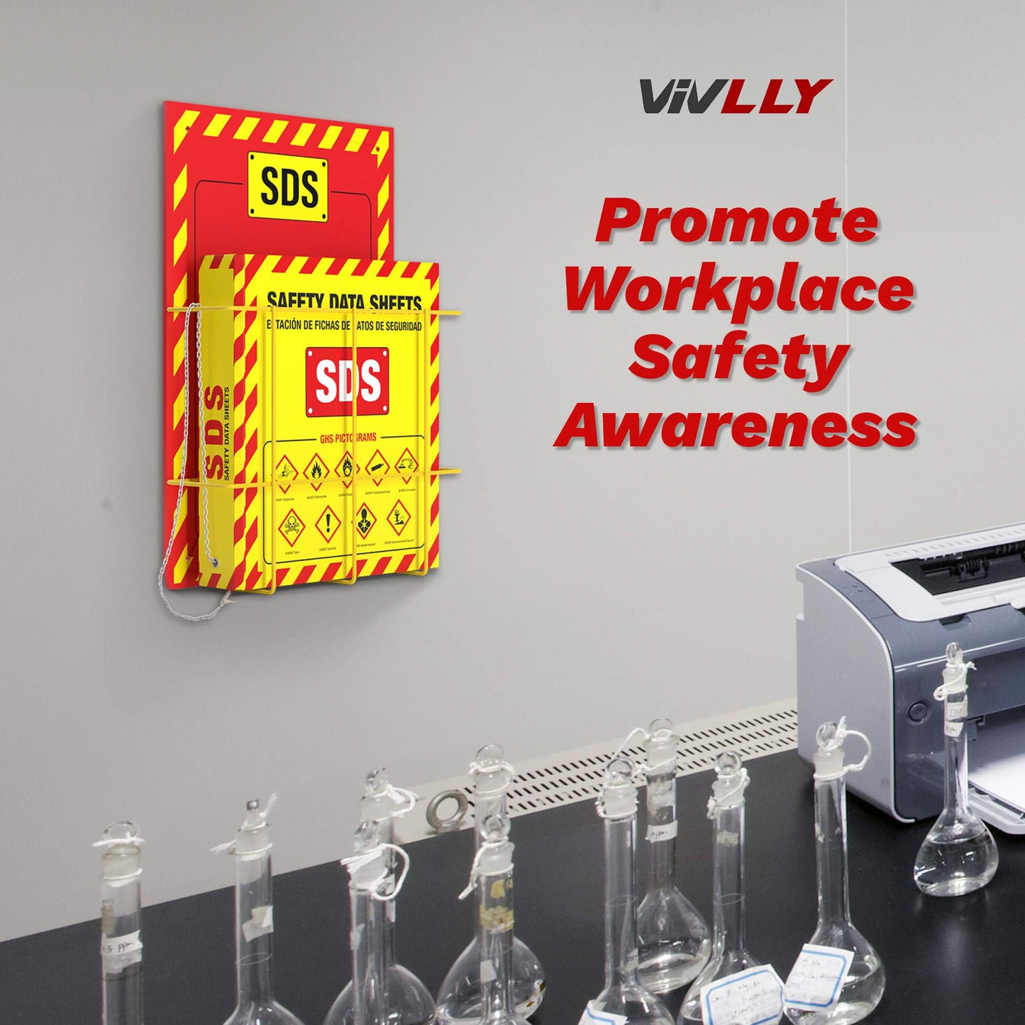 MSDS Wall Station - 3 Inch 3 Ring Material Safety Data Sheet Binder with SDS Wire Rack and Display Sign, Chain, Mounting Hardware, SDS Poster, MSDS Labels - Bilingual Heavy Duty OSHA Yellow Binder