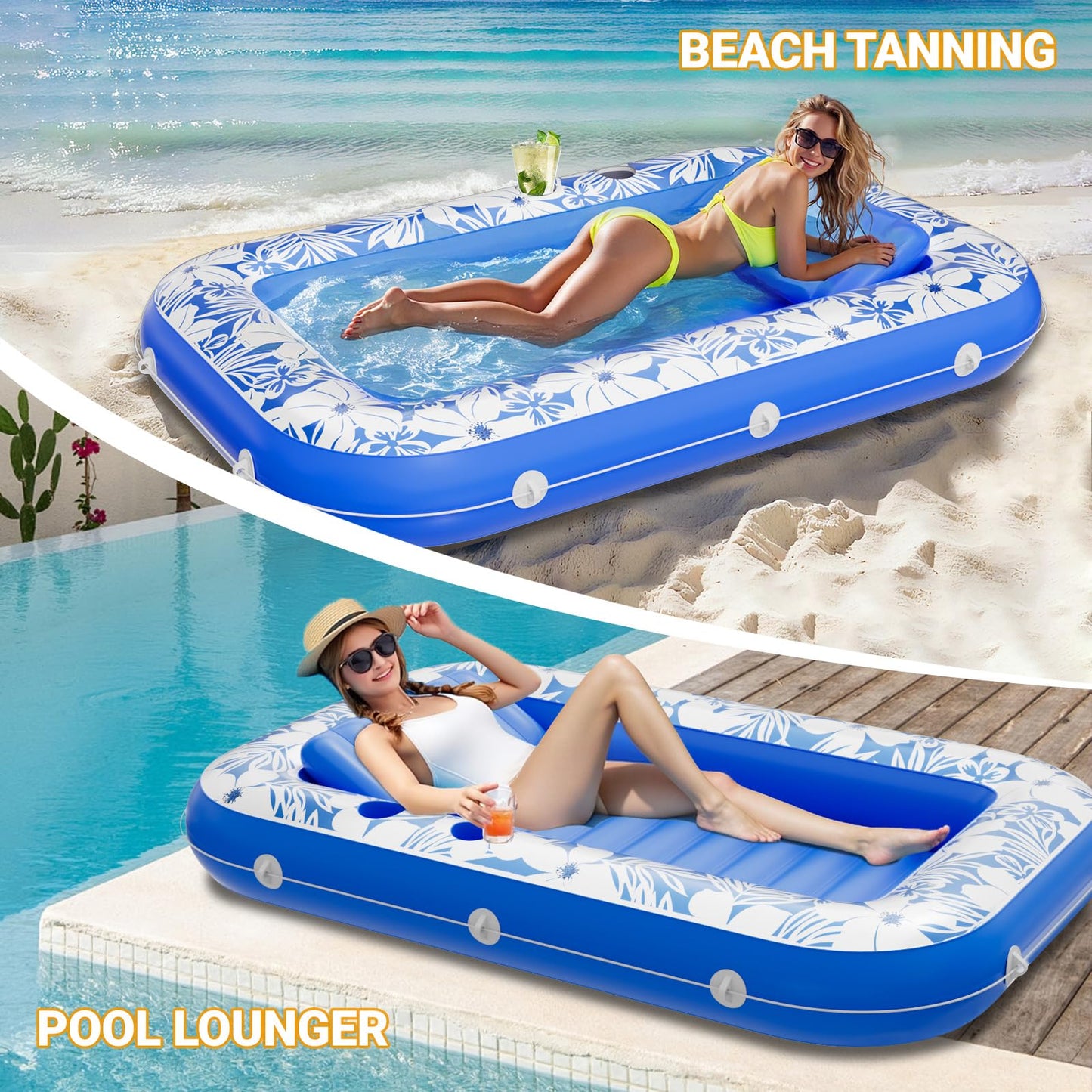 SplashNSpray Pool Floats Adult Inflatable Pool Float,70" x 46" Tanning Pool Sunbathing Lounger Floaties with Headrest & Cup Holder