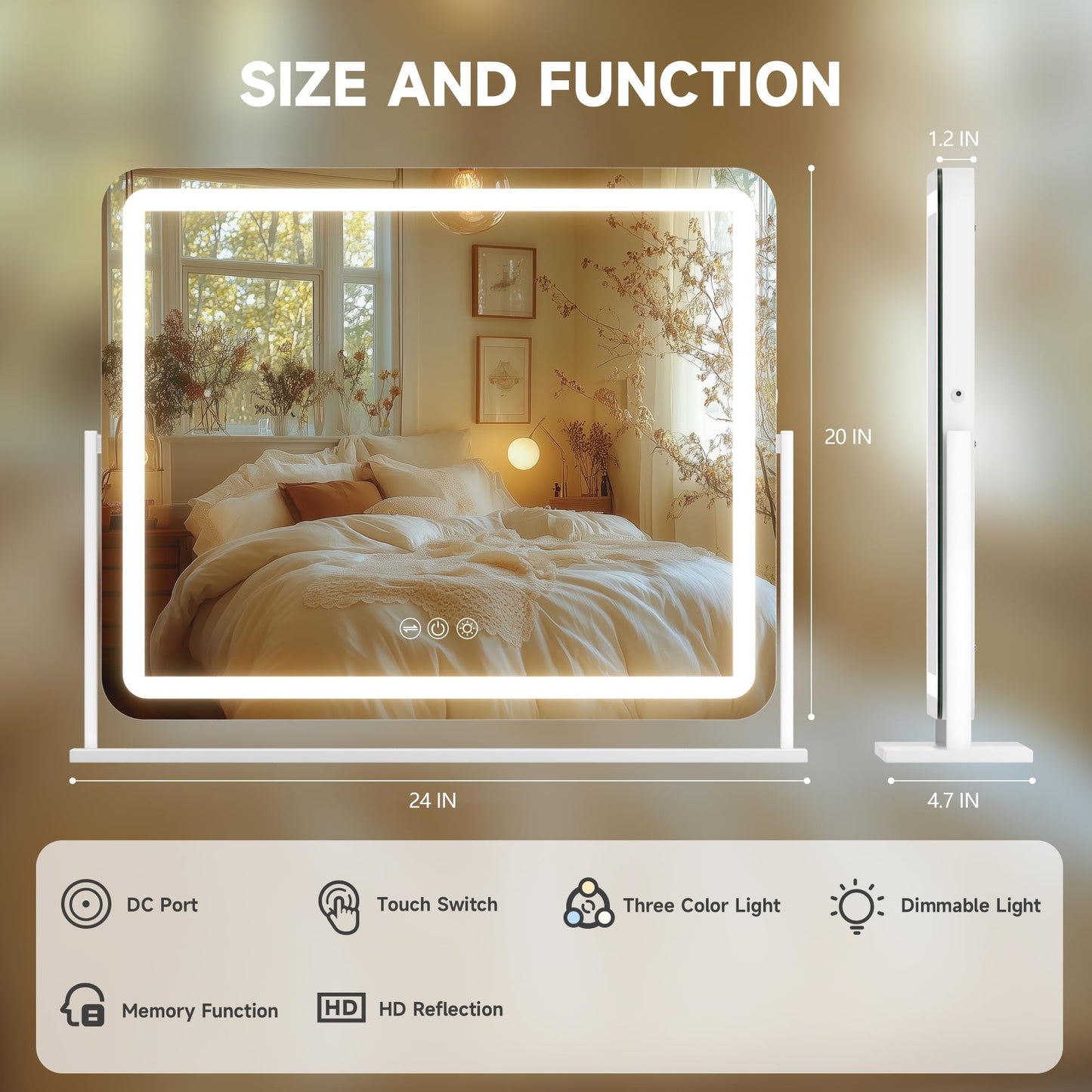 Hasipu Vanity Mirror with Lights, 24" x 20" LED Makeup Mirror, Light up Mirror with Smart Touch 3 Colors Dimmable, Brightness Adjustment, 360° Rotation (White)
