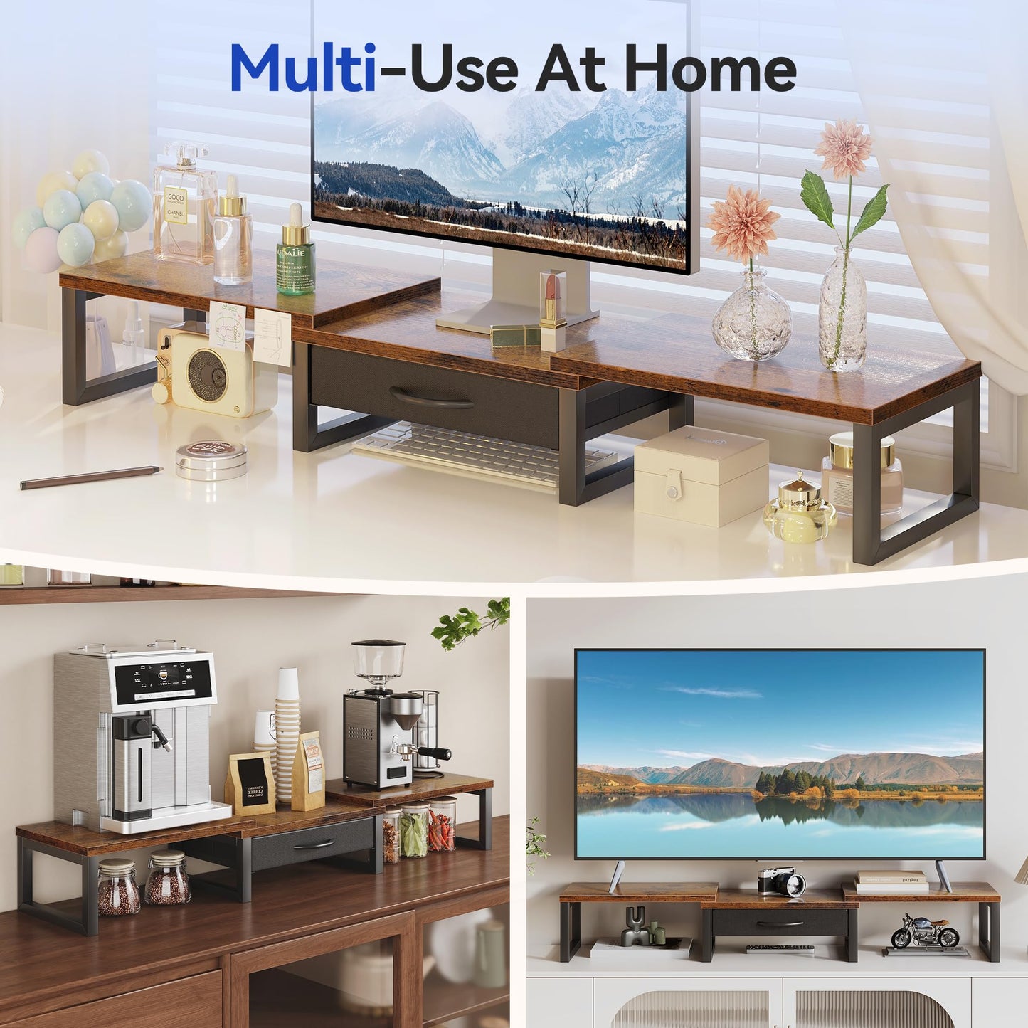 HEWORLIF Desk Organizers and Accessories, Dual Monitor Stand Riser with Drawer, Computer Monitor Stand, Adjustable Desk Shelf for PC Laptop Printer TV, Brown