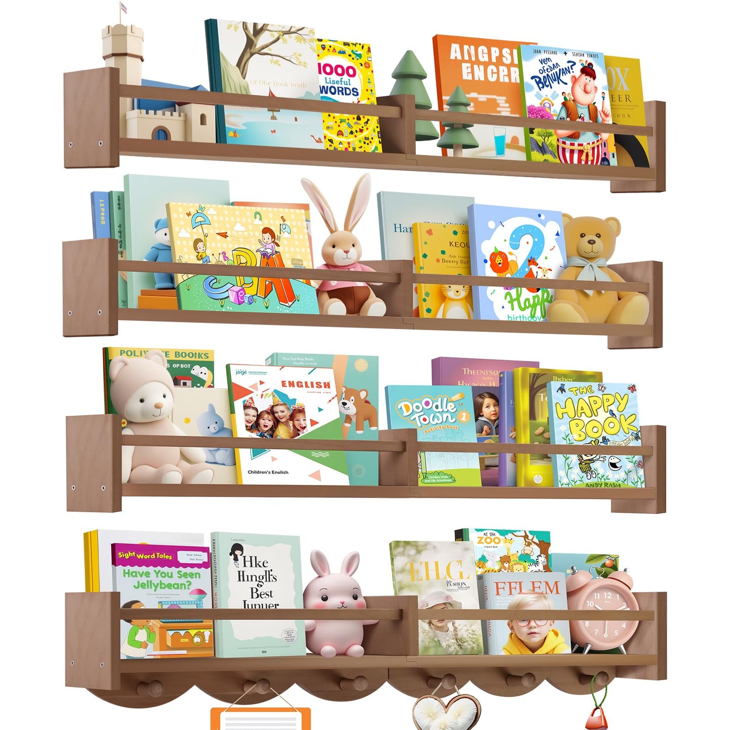 Dixryaus 34Inch Nursery Book Shelves Wall Mounted, Floating Book Shelf for Kids Coat Rack with 6 Hooks, Wall Hanging Shelf for Baby Nursery Room Organizer ，Patent Number:US-D1058229-S(4, Light Brown)