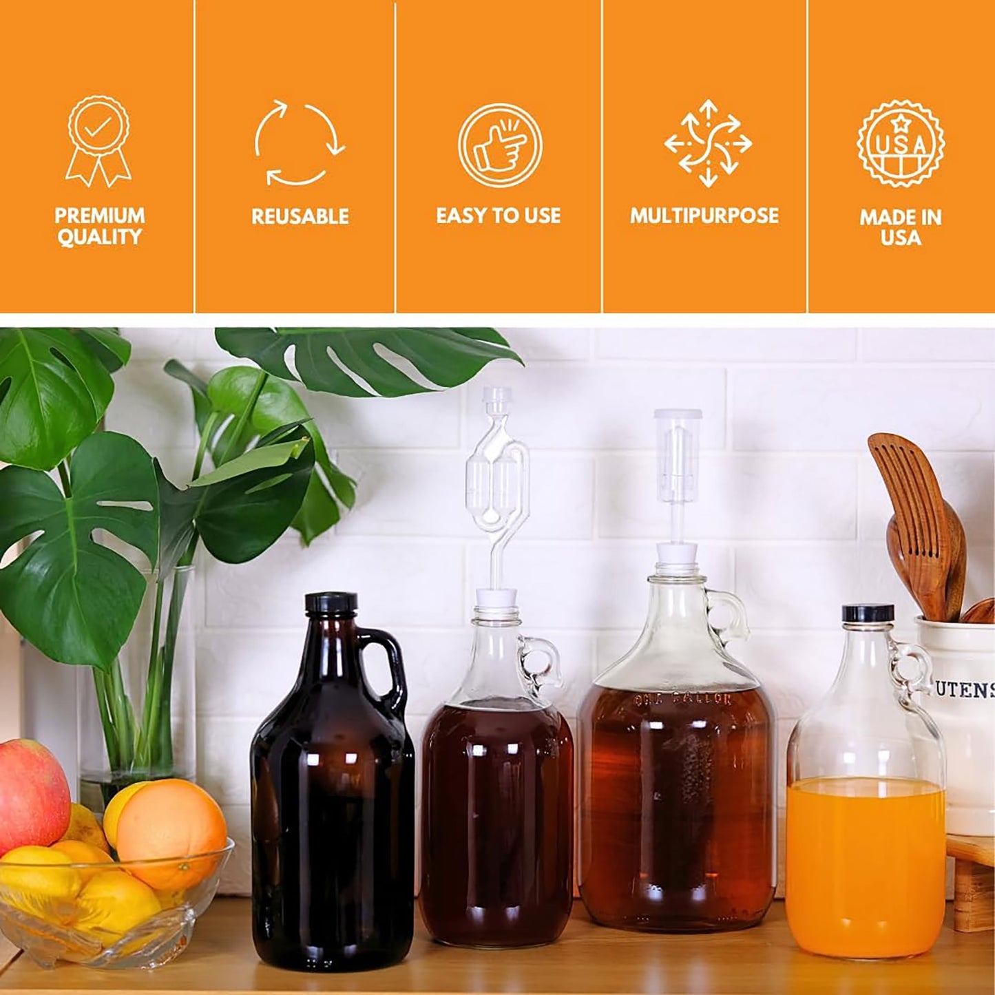 Fastrack 6-Pack Half-Gallon Glass Jug Set (64 oz) w/12 Polyseal Caps & Black Jar Gripper Pad – Multipurpose Half Gallon Jug, & Detergent Dispenser for Laundry, Glass Jar for Liquids, Water & Juice