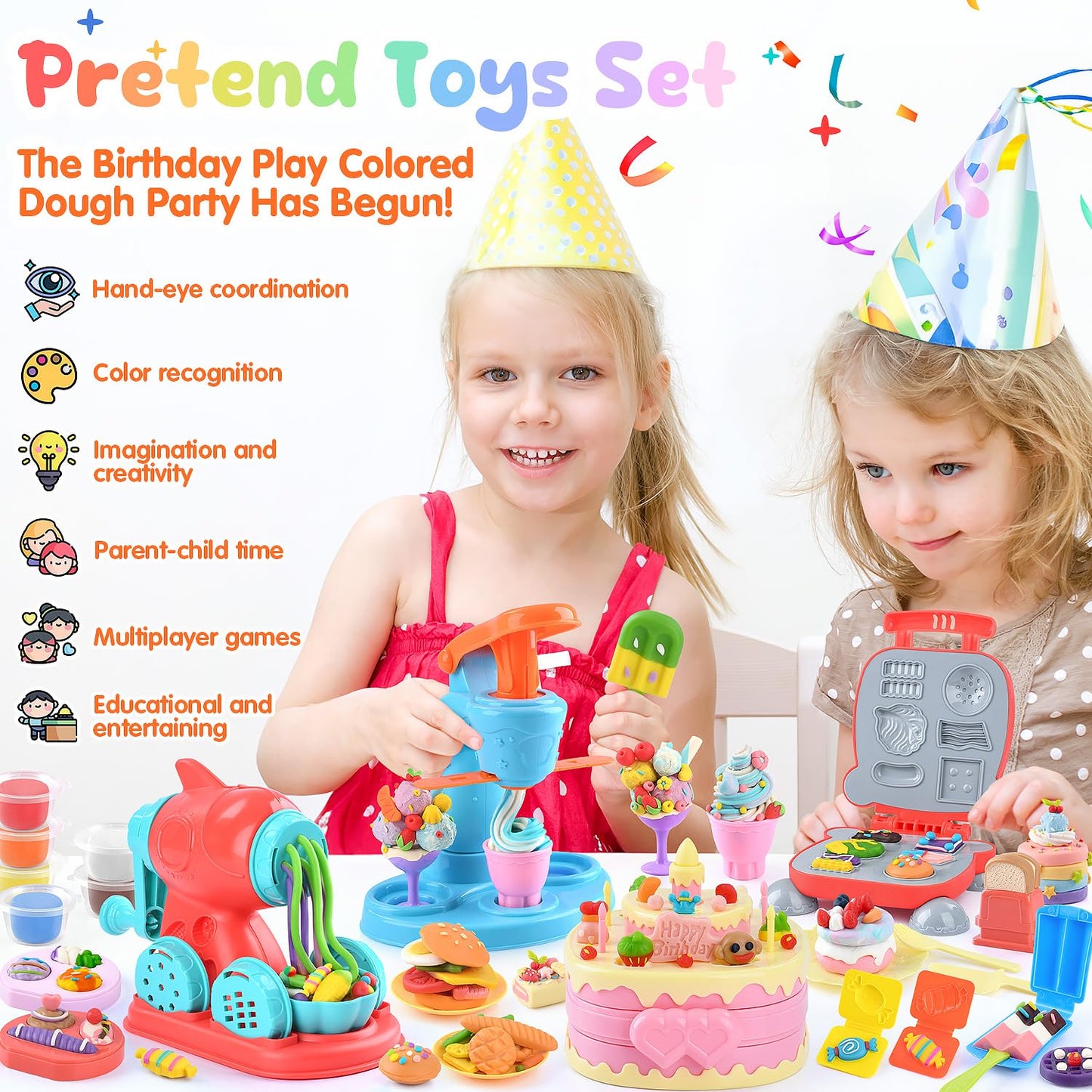 4 in 1 Color Dough Set Kitchen Creations with Ice Cream/Cake/Noodle/Hamburger Maker Machine, Arts Crafts Play Food Toys Tools Kit for Boys Girls Kids Toddlers Ages 3+ , 24 Dough