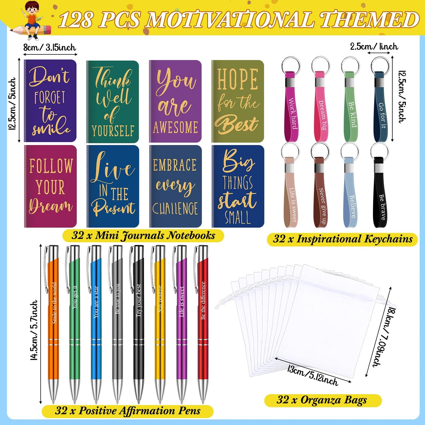 Pajean 128 Pcs Inspirational Gifts Bulk Motivational Notebooks Journal Ballpoint Pens Positive Keychains Organza Bags for Students Teachers Employee School Office Prizes Favors Supplies(Classic)