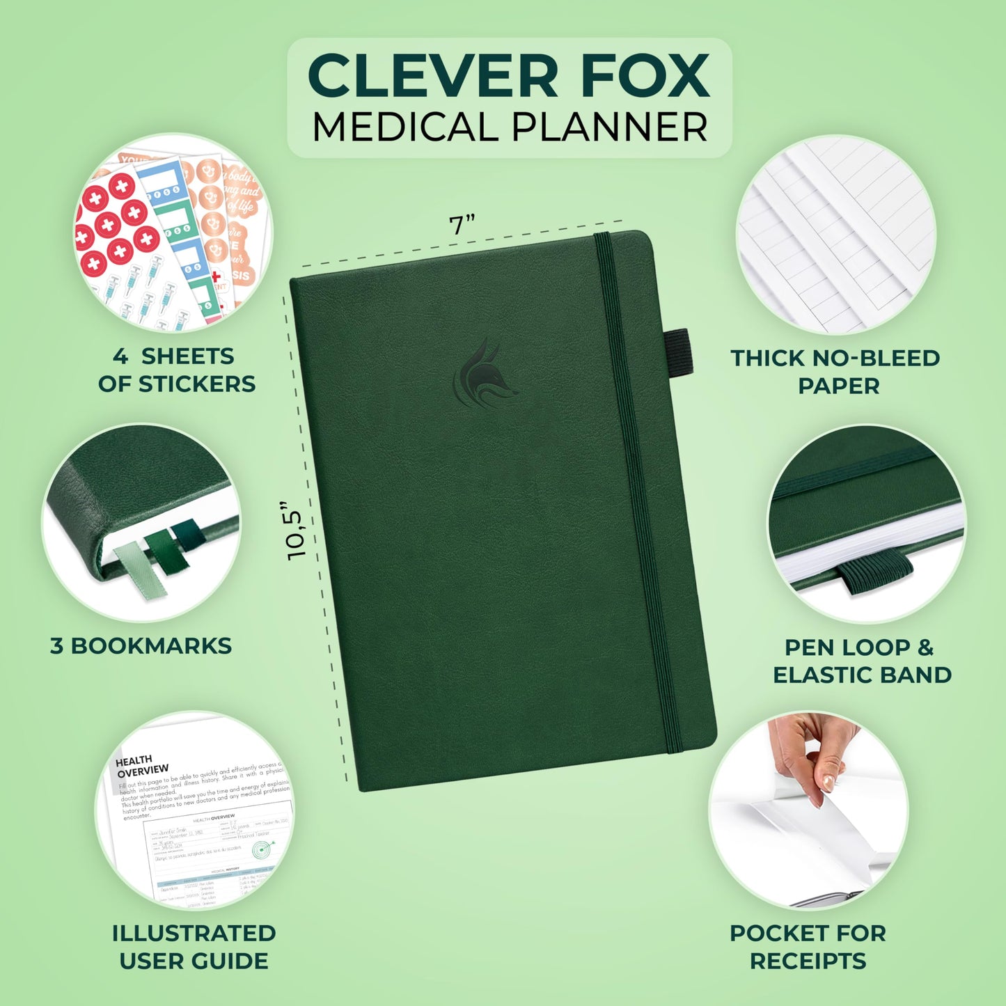 Clever Fox Large Medical Planner 12-Month – Medical Notebook, Health Diary, Wellness Journal to Track Health – 12 Months, 7x10.5″ (Forest Green)