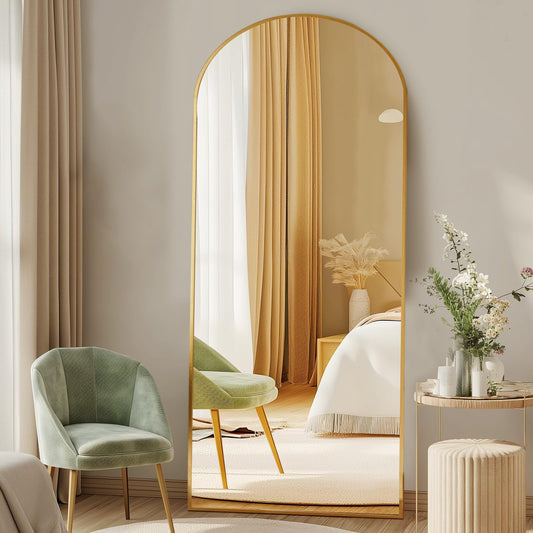 DUMOS 64"x21" Arched Full Length Floor Mirror, Full Body Mirror with Stand, Shatterproof Tempered Glass, Modern Aluminum Alloy Frame, Free Standing or Leaning for Home Decor, Gold
