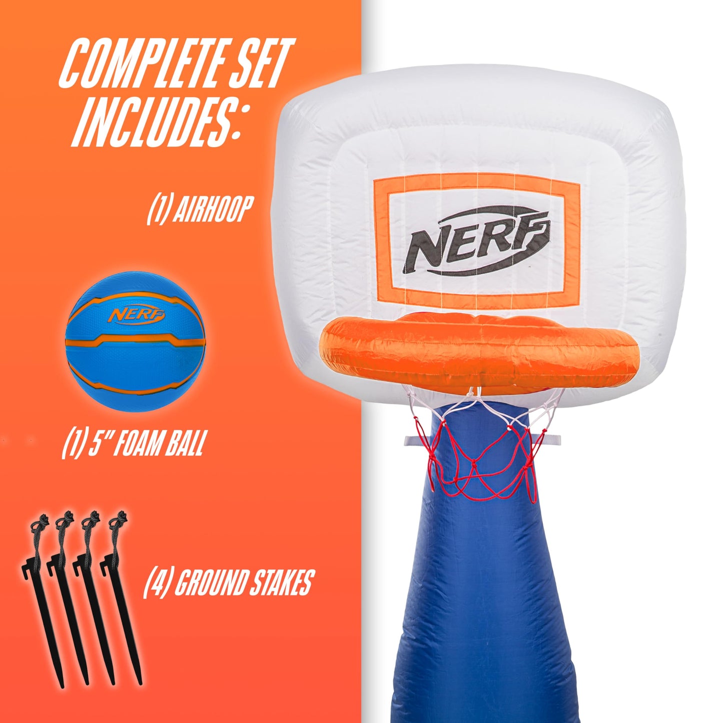 NERF AirHoop Kids Inflatable Basketball Hoop Set - Instant Blow Up Youth Mini Hoop + Foam Basketball - Plug in Inflation in 10 Seconds - 4.5' Feet Kids Toy Basket + 5" Inch Mini Ball