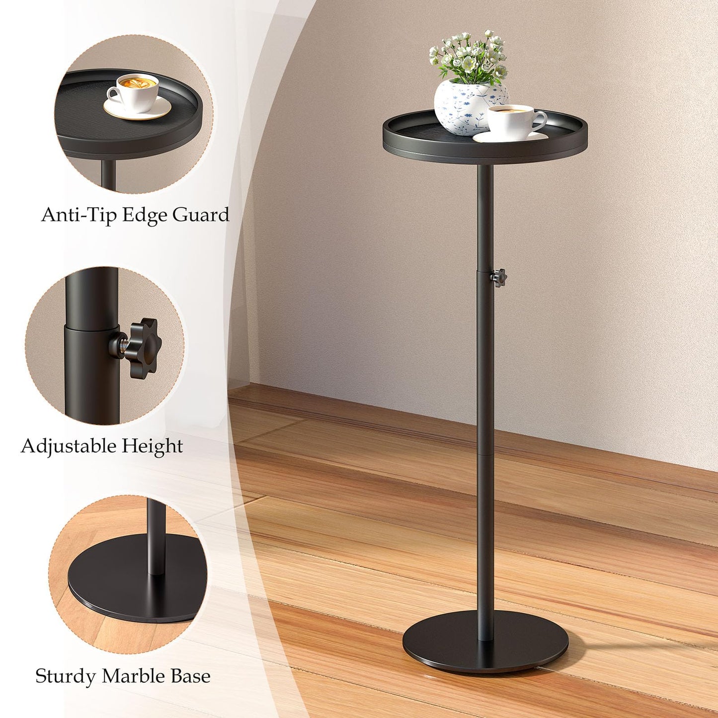 cozynest home Height Adjustable Drink Table, Small Round Side Table, Weighted Martini Pedestal Tables for Small Spaces, Living Room, Bedroom, Sofa Couch, Office, Black