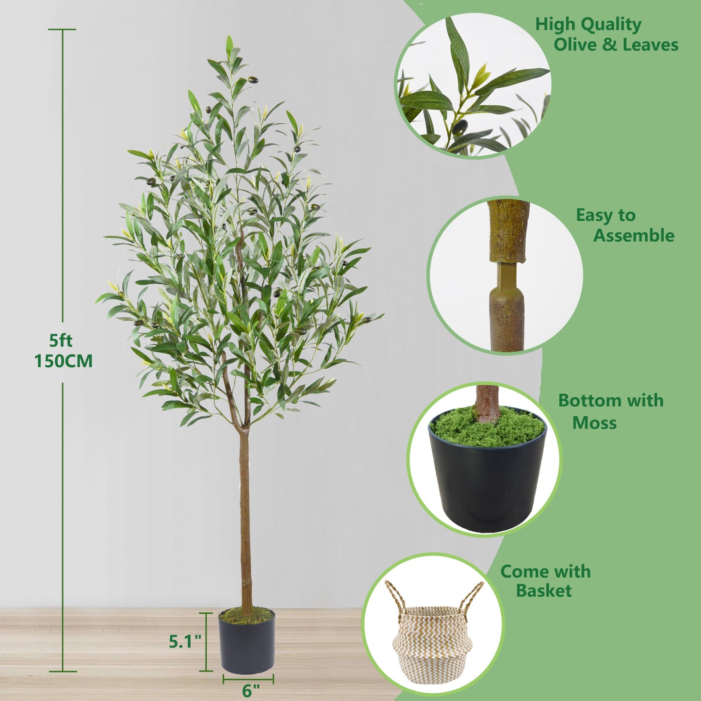 Warmplants Artificial Olive Tree, 5ft Tall Fake Olive Leaves Plant with Basket, Indoor Outdoor Faux Olive Topiary Silk Tree for Home Livingroom Office House Décor