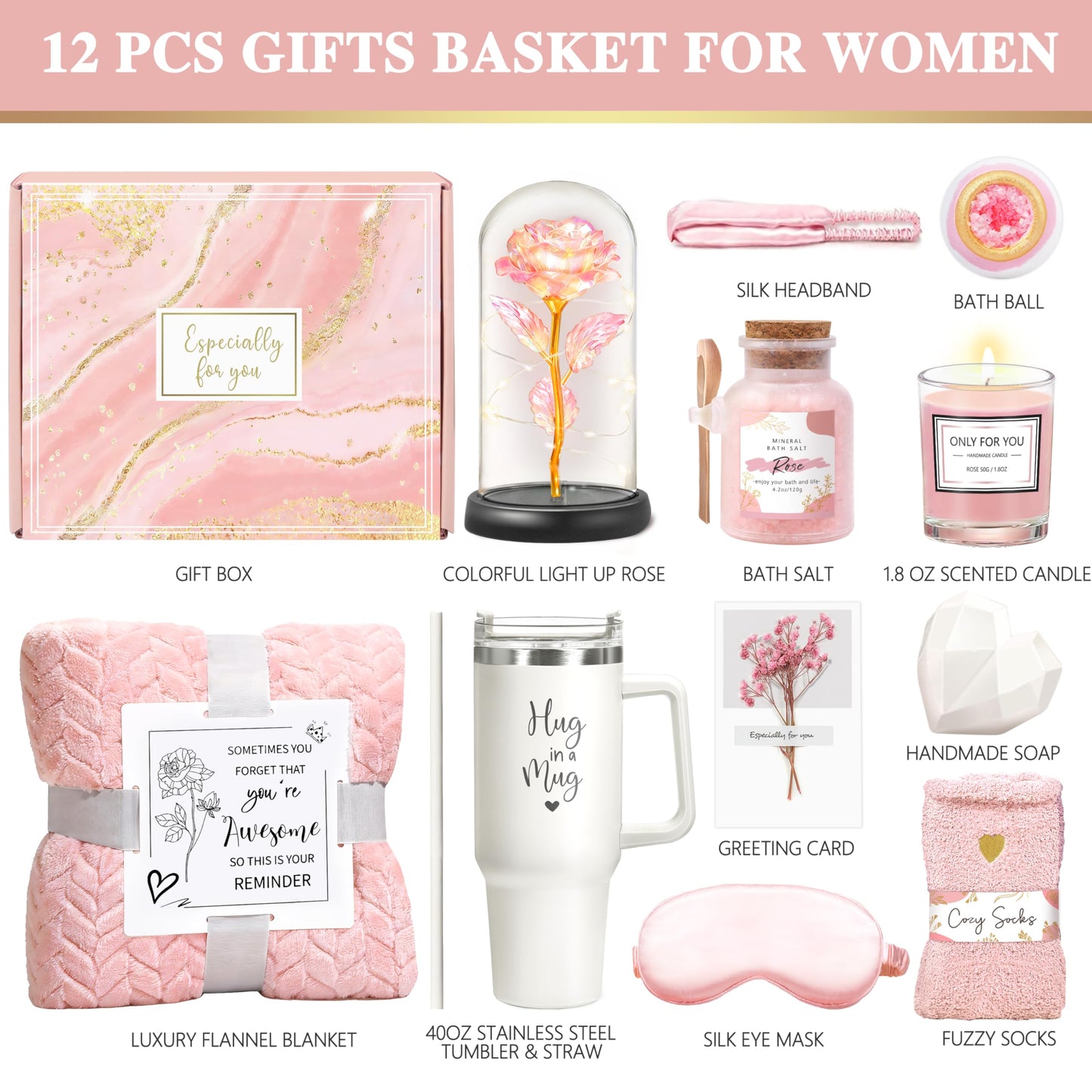 Oufrenn Birthday Gift for Women for Mom Mother, Self Care Package Get Well Gift Basket Happy Birthday Set w/ 40oz Tumbler with Handle & Blanket Thinking of You Her Best Friend Sister