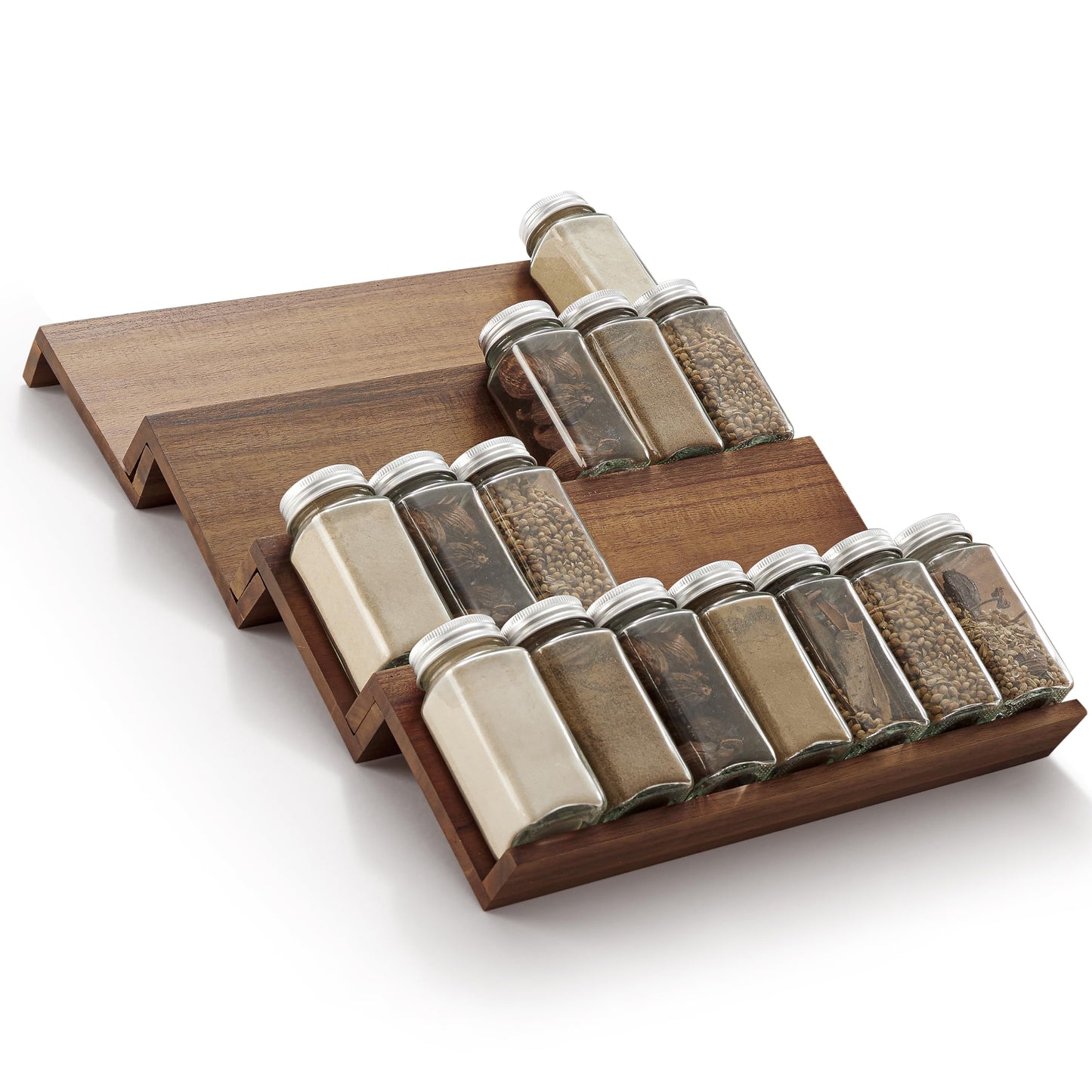 Tinamo Acacia Wooden Spice Rack Organizer for Cabinet - Spice Drawer Insert, Spice Organization for Cabinet, Seasoning Organizer, Spice Holder Pack of 8 (Walnut, Pack 8)