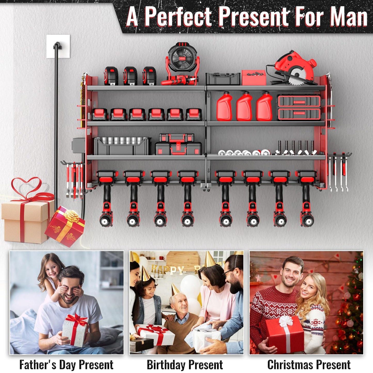 VeyFolzin.st Large Power Tool Organizer Wall Mount with Charging Station, 4 Layer Heavy Duty Metal Cordless Tool Organizer, Tool Storage Rack with 8 Cordless Drill Holder Screwdriver Hammer(Red)