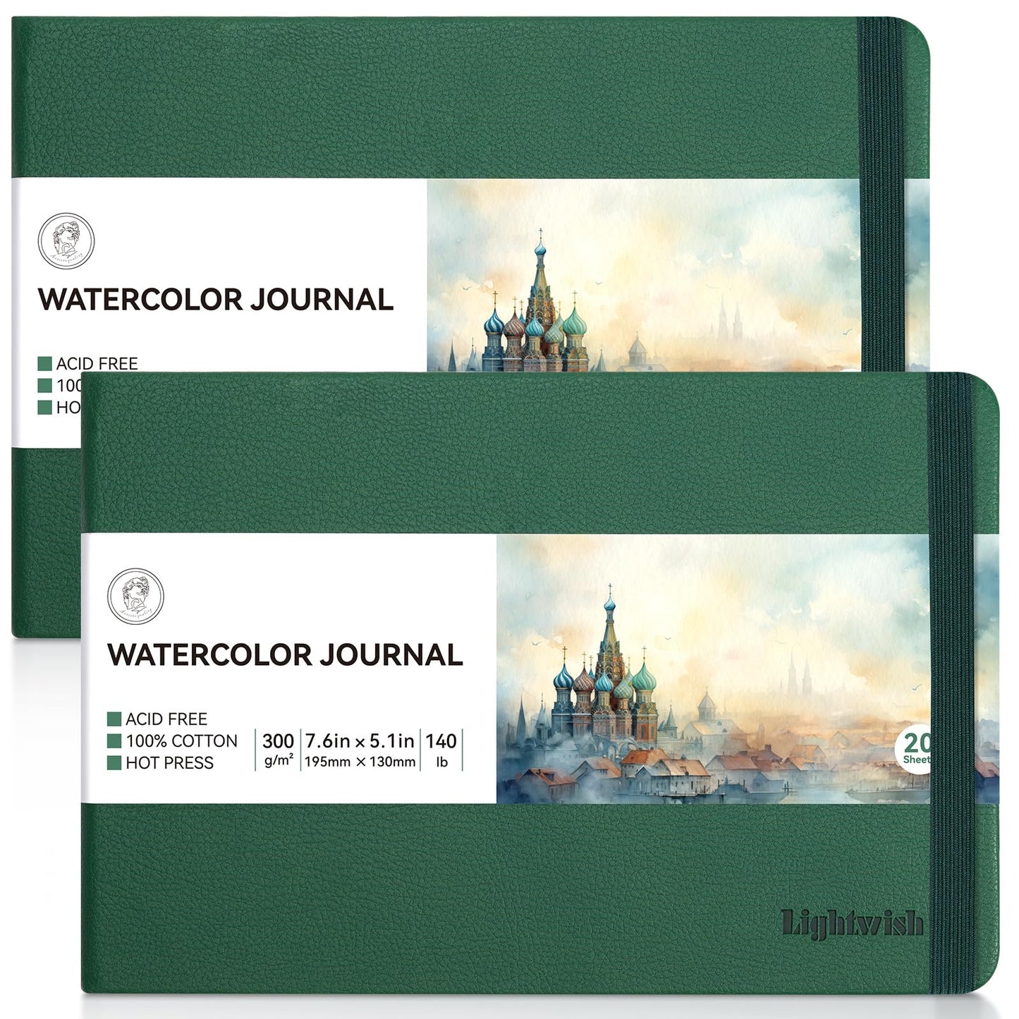 Lightwish Watercolor Journal, 2 Pack 40 Sheets 100% Cotton Hot Press Watercolor Paper Sketchbook 7.6” x 5.3”,140lb/300gsm, Acid-Free for Watercolors, Gouache, Acrylics