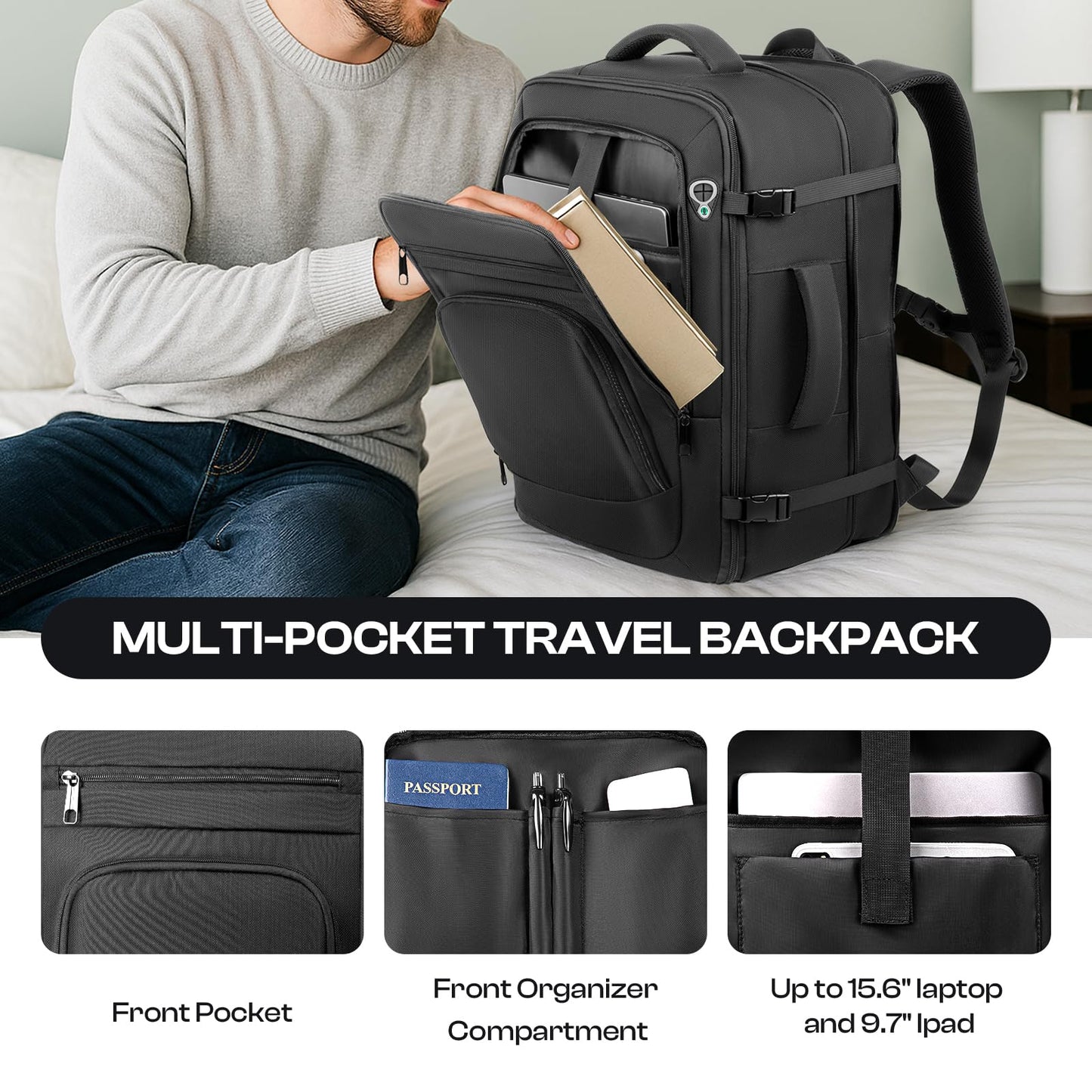 Roomy Travel Backpack, Expandable 40L-50L Carry On Backpack For 17.3" Laptop,TSA Flight Approved Business Travel Backpack w/ Multiple Organizer Pockets for Work,Overnight Trip,College &Daily Commuting
