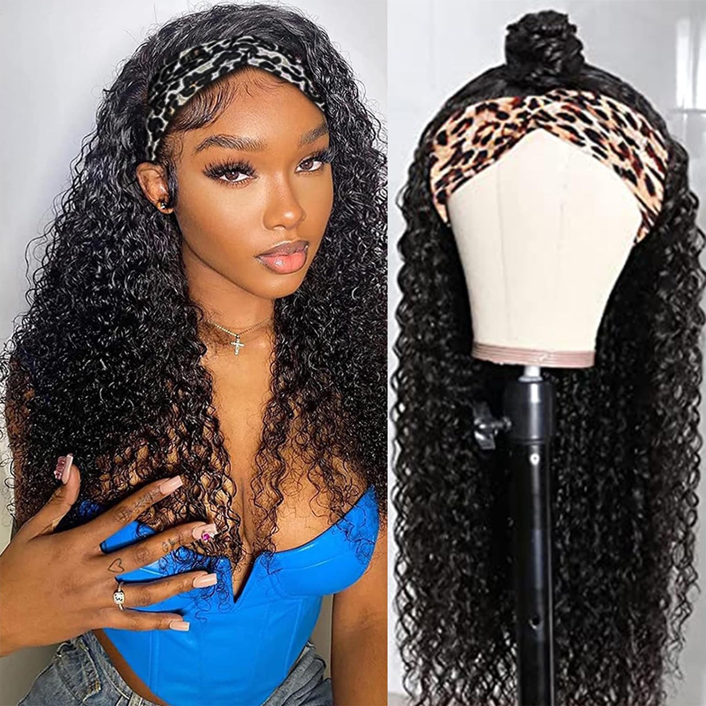 Unvizossa Headband Wig Human Hair Deep Wave 20 Inch Curly Headband Wigs for Black Women Glueless None Lace Front Wig Brazilian Virgin Human Hair Natural Color 150% Density