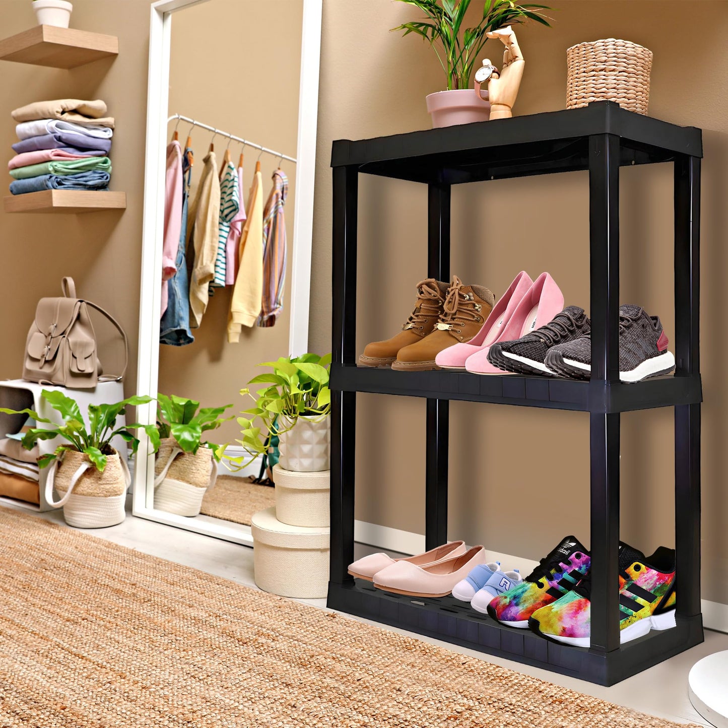 Oskar Heavy Duty Plastic Storage Shelves- for Garage, Kitchen, Bathroom Basement Kids Room, Stackable 3-Tier Black Organizer Rack for Books Shoes, Toys, Pantry, Cleaning and Closet Organization