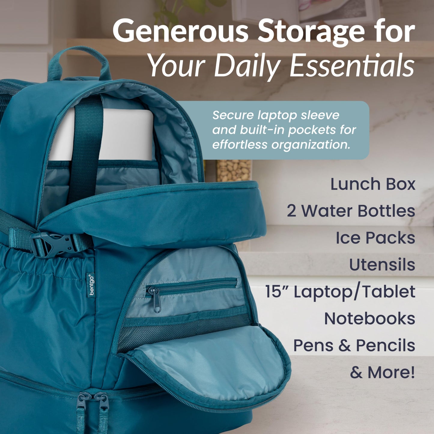 Bentgo 2-in-1 Adult Backpack & Insulated Lunch Bag – Lightweight, Water-Resistant Travel Backpack with 9 Compartments, Laptop Sleeve & Trolley Sleeve for Work & Everyday Use (Deep Teal)