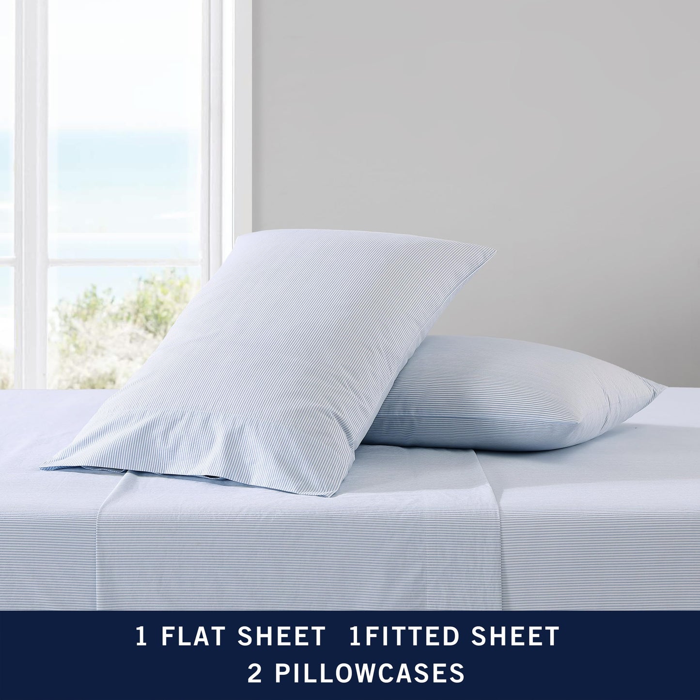 Nautica – Full Size Sheet Set, Crisp Cotton Percale Bedding with Matching Pillowcases, Lightweight & Breathable Bed Sheets, Deep Pocket, College Dorm Room Essentials (Penny Pinstripe Blue)