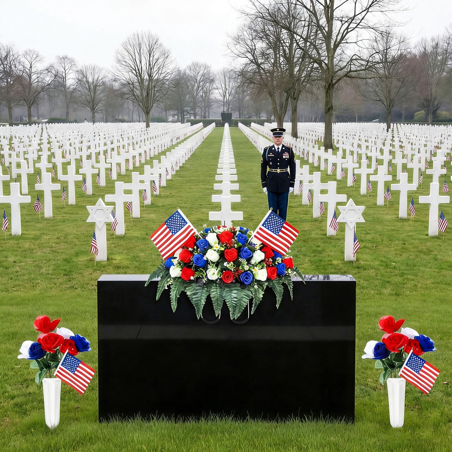 Giegxin 3 Pcs Memorial Day Headstone Flower Saddle Cemetery Flowers for Grave Artificial Memorial Floral with Vase American Flag Patriotic Red White Blue Rose Bouquets for Gravesite Tombstone Decor