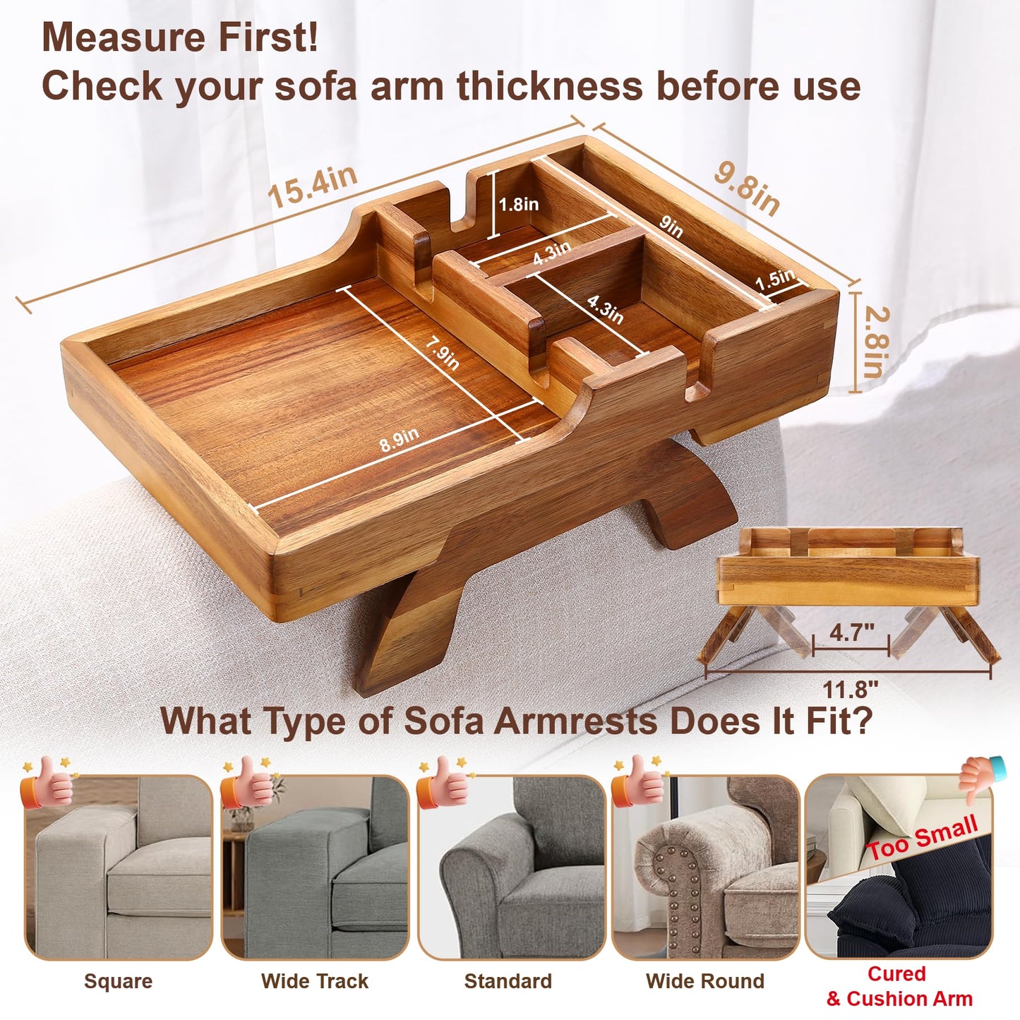 Couch Armrest Table, Acacia Wood Sofa Arm Table with 2 Cup Holders, 15.4"x9.8" Large Foldable Clip on Couch Arm Tray Table with Remotes Storage Slot