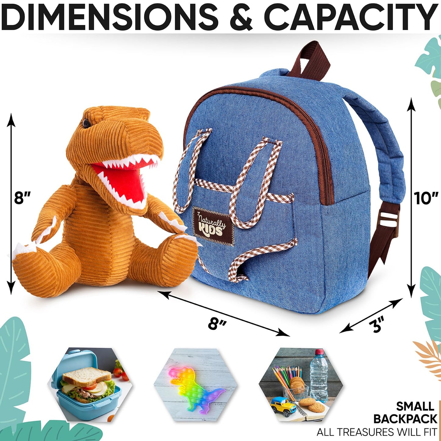 Naturally KIDS Toddler Backpack w Stuffed Animal Toy, Small Kids Backpacks for Grls Boys, Toddler Gifts, Dinosaur Toys