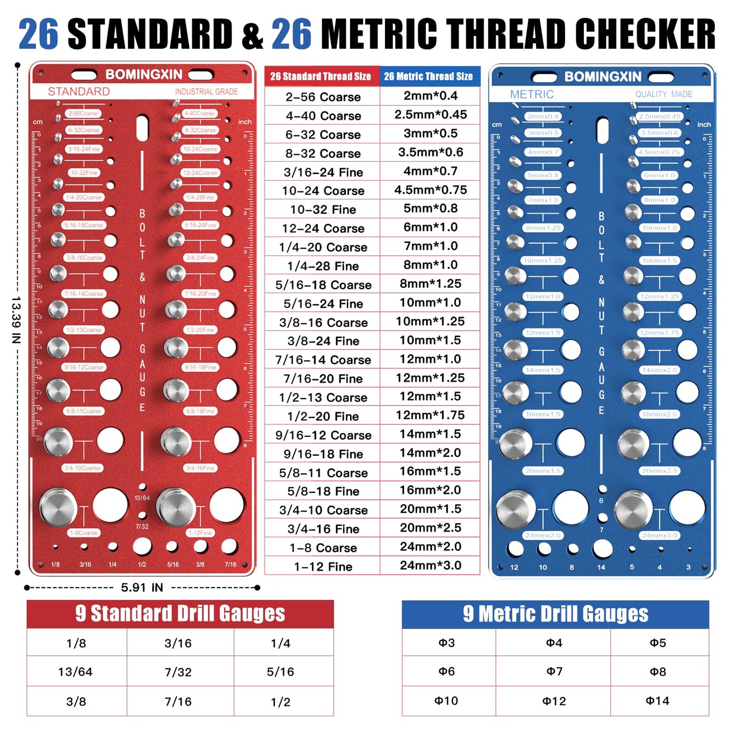 Upgrade 70 Nut and Bolt Thread Checker with Magnetic Base & Anti-Slip Feet, Bolt Size and Thread Gauge with 26 Standard & 26Metric & 18 Drill Bit Gauge, Bolt and Nut ldentifier Gauge