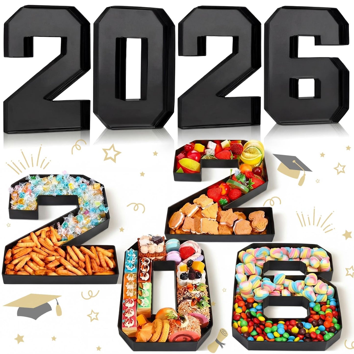 Mooliwe 4 Pcs 2026 Graduation Fillable Numbers for Charcuterie Class of 2026 Cardboard Number Grad Charcuterie Board Serving Trays Graduation Food Box for Tray Party Supplies(Black)