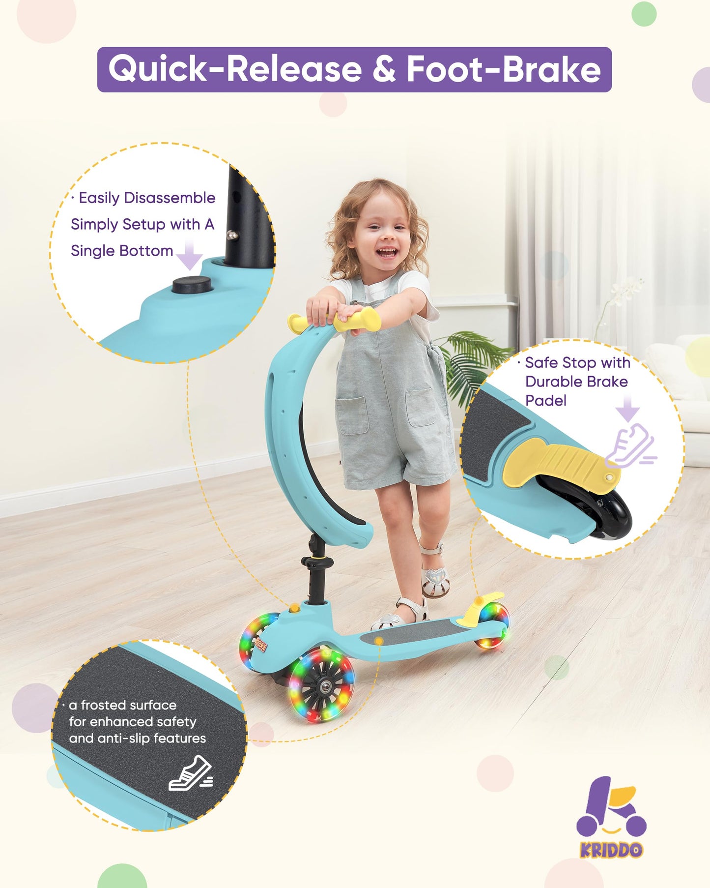 KRIDDO 5-in-1 Kids Kick Scooter, Lean-to-Steer, Toddler Toy Scooter with Adjustable Height, 3 Lighted Wheels, Ideal for Indoor & Outdoor, Gift for Kids Ages 1-5 Years, Blue