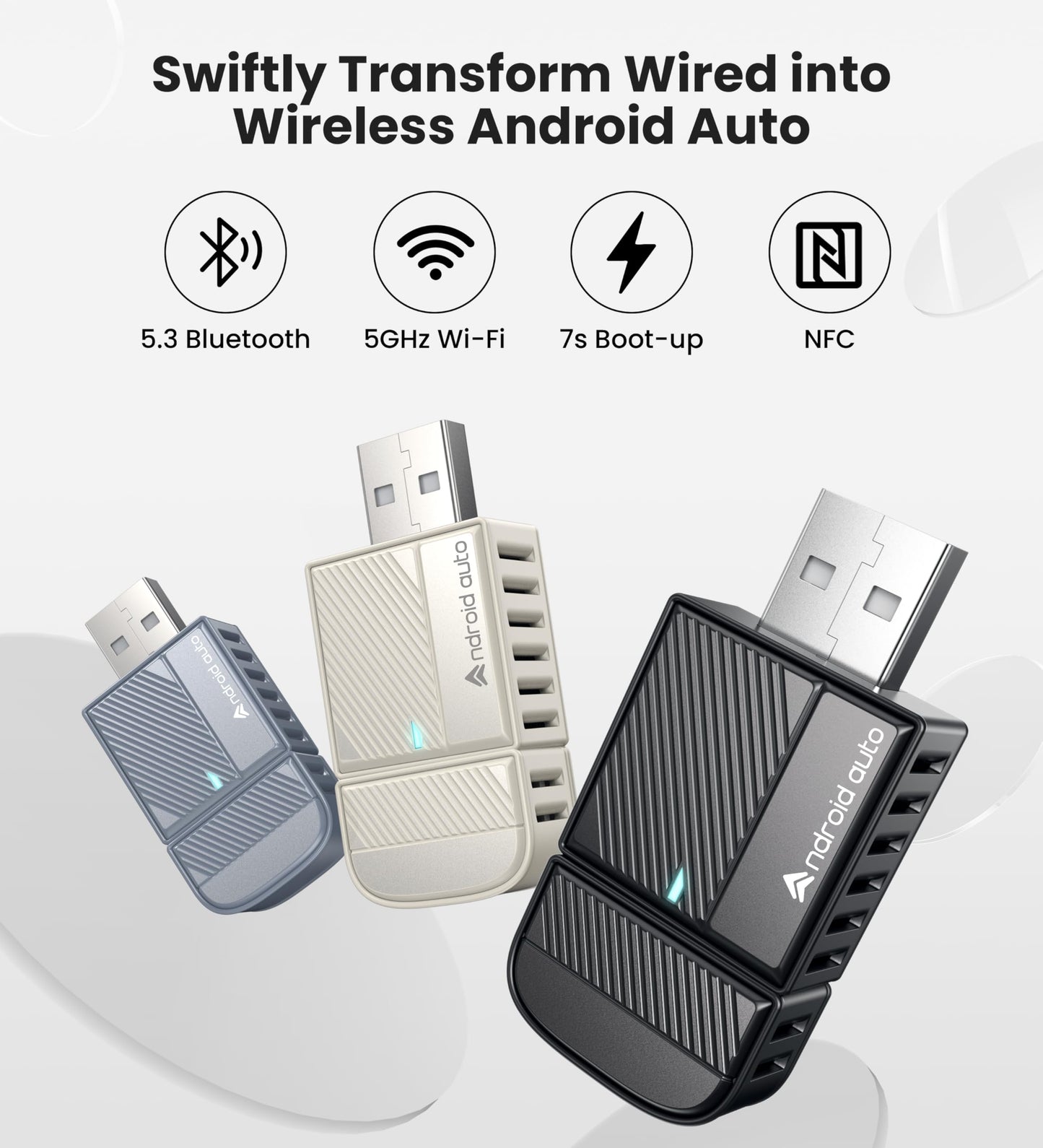 ByteWave Android Auto Wireless Adapter, 2025 NFC & Bluetooth 5.3 Convert Wired to Wireless Android Auto Car Dongle | No Latency, Dual-Band WiFi, USB-A/Type-C, Plug & Play, Mini | Fits for 2016+ Cars