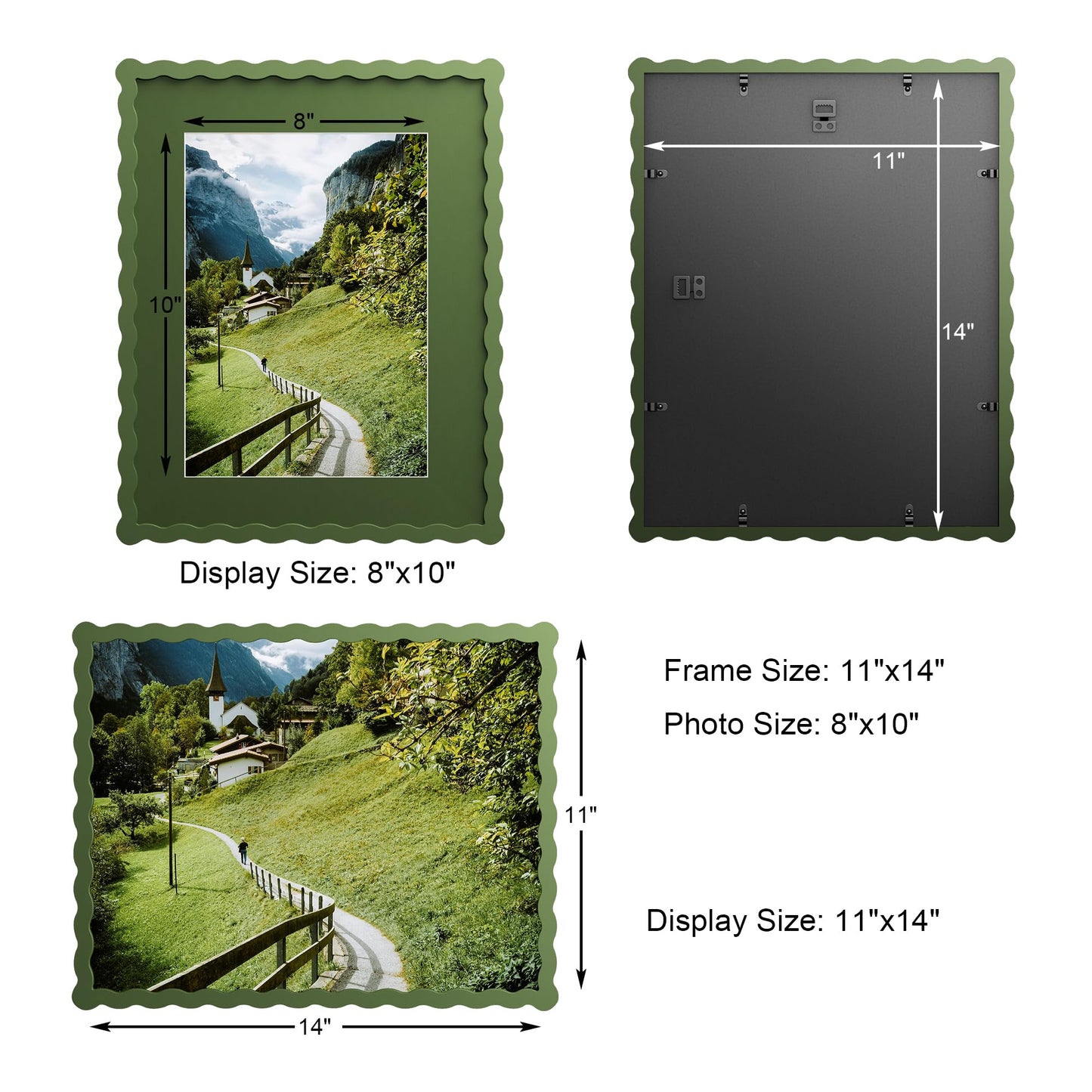 Chrspk 11x14 Wavy Picture Frame With Mat For 8x10, Wavy Edge Wooden Picture Frame with Real Glass - Wall Mount Display, Green, 2 Pack