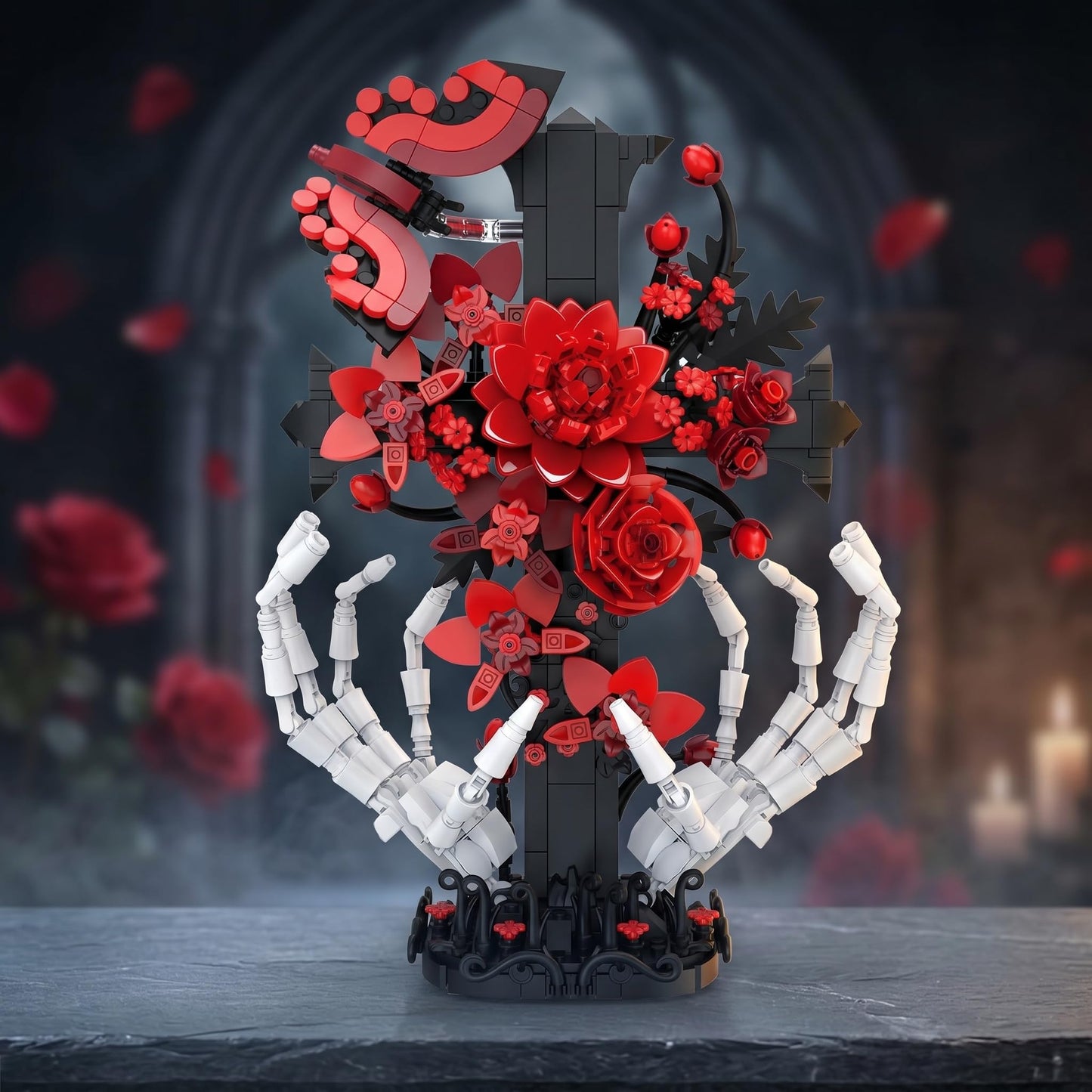 chanbrick Jesus Cross Building Set with Flower & Skull Hand for Adults, Gothic Crucifix Rose Skeleton Collectible Model for Women Home Art Decor