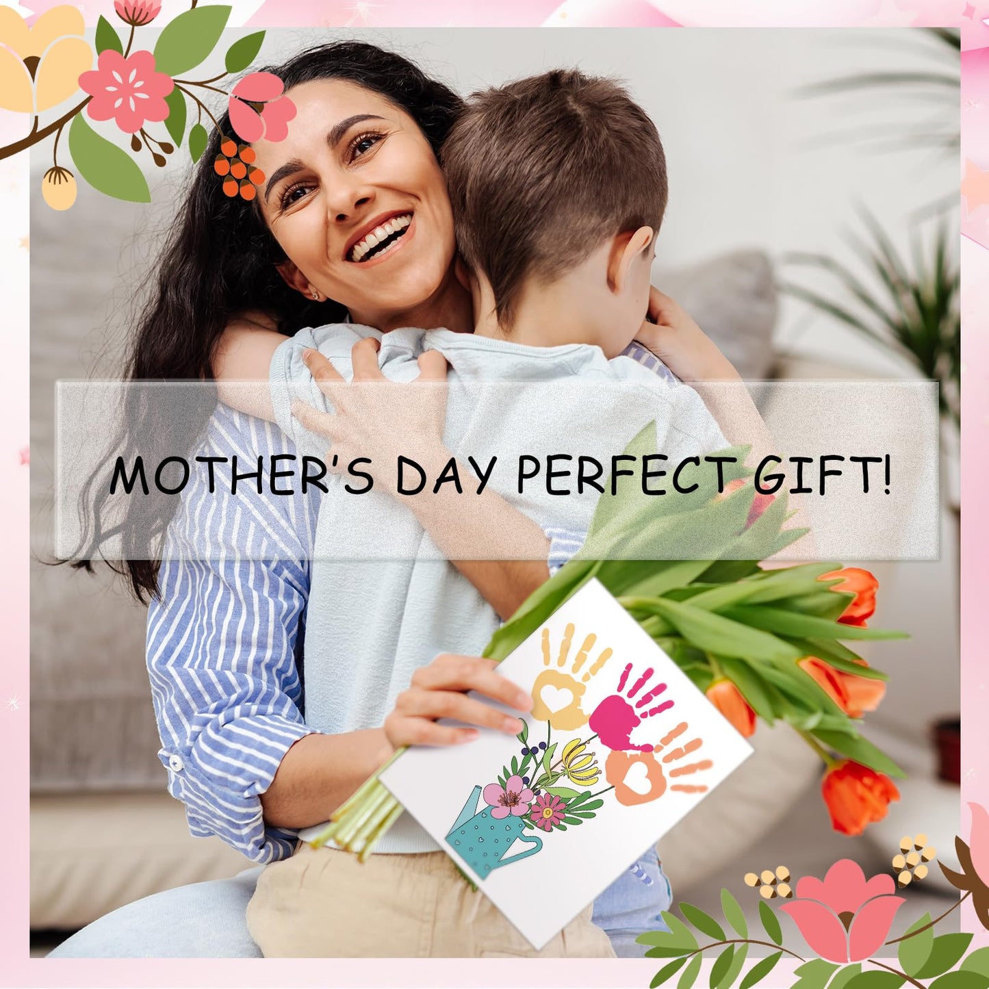 Motipuns 6sets Flower Bouquet Handprint Art Craft DIY Kit Customized Mothers Day Gift Handprint Ornament Kit Personalized Handprint Flowers Frame Sign for Mother Grandma Birthday Gift