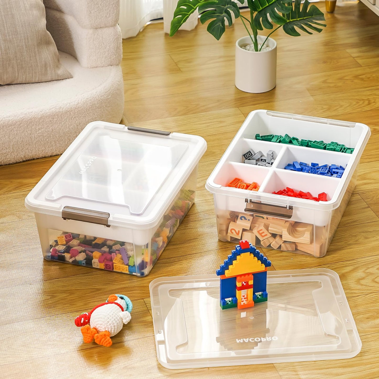MACOPRO 17 QT Plastic Storage Box with Removable Tray, Bins with Lids, 2 Packs Clear Storage Container for Craft Supplies, Beads, Tools, Sewing, and Playdoh Organization(White, 2Pack-17QT)