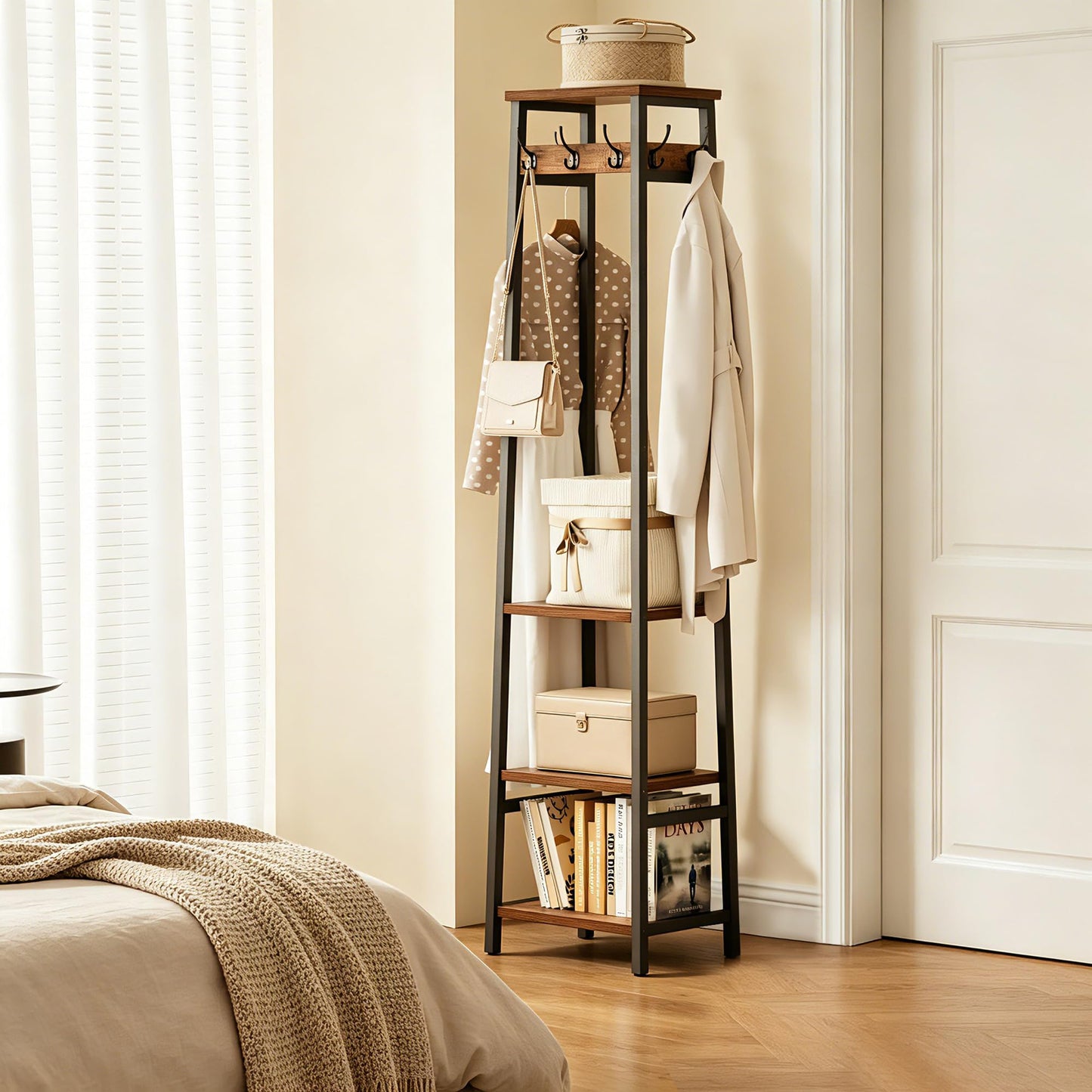 Cerlyunzan Coat Rack Freestanding, Coat Stand with 3 Shelves and 7 Hooks, Hall Tree Free Standing, Clothes Rack Stand Organizer, Industrial Style, Rustic Brown and Black