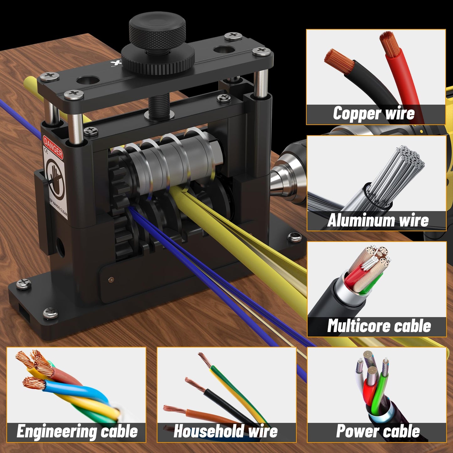 Tanfix PRO Wire Stripper Machine W / 6 Channels & 5 Carbide Blade, Φ0.06-0.65'' Upgraded & Aluminum Frame Drill Powered Wire Cable Stripper, Efficient recycling of Copper Wire