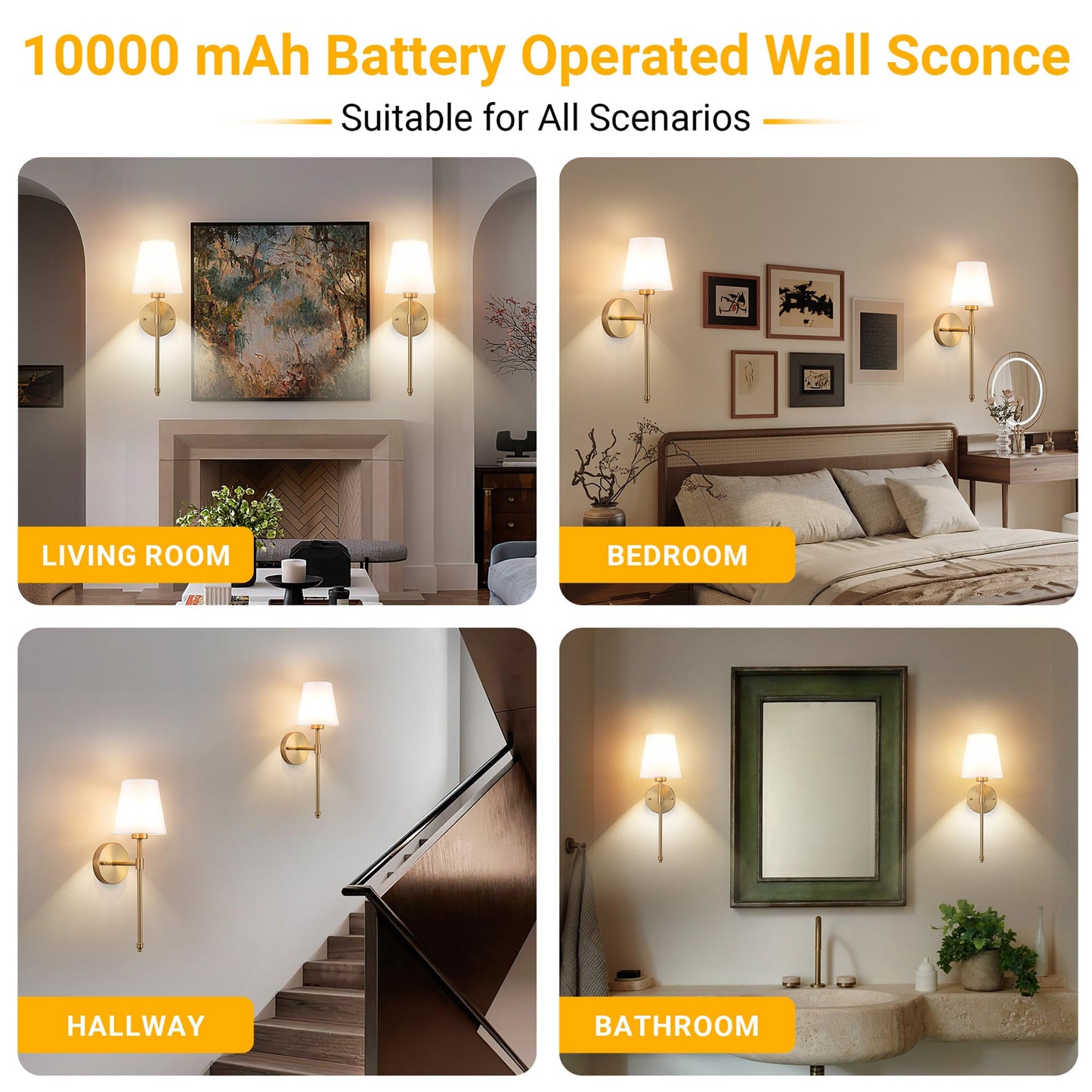 Vimhou Peel and Stick Wall Sconces, Stick On Wall Sconce Set of 2, Battery Operated Wireless Wall Light, No Drill Adhesive Wall Lamp, Corn Bulb with 10000mAh Rechargeable Battery, Bedroom Wall Decor
