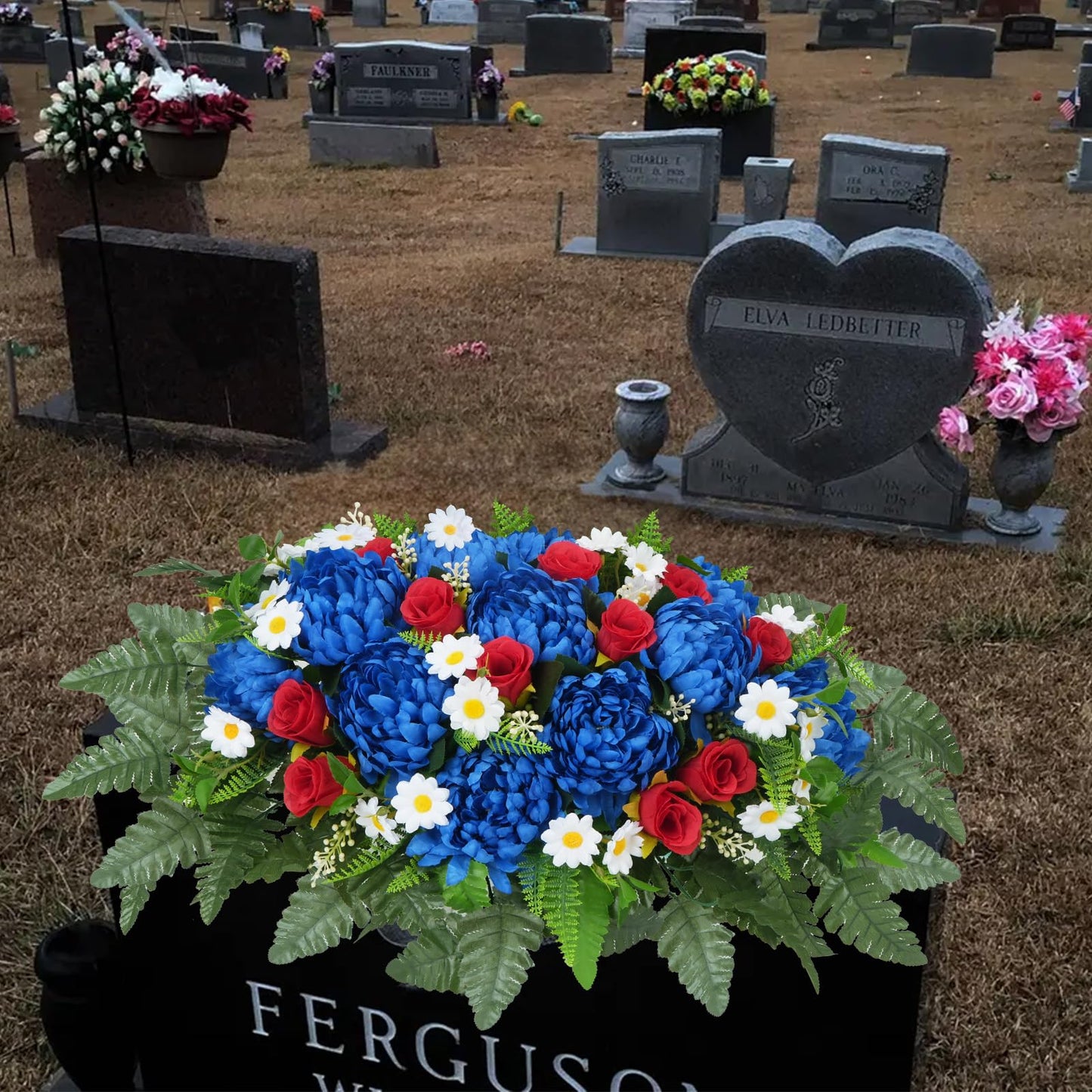 MHMJON Artificial Saddle Flowers for Cemetery Headstone, Realistic Red White Blue Flowers Fake Mums Silk Rose Floral Arrangement Saddle for Headstone Grave Tombstone 4th of July Decor