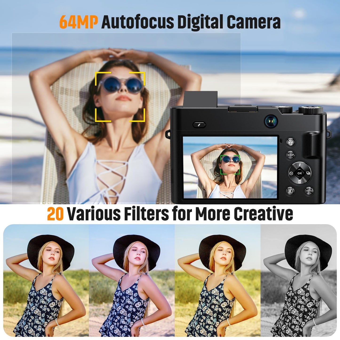 4K Digital Camera for Photography Autofocus 64MP Vlogging Camera for YouTube with Dual Cameras 16X Digital Zoom 4K Compact Travel Video Camera with 32GB SD Card,2 Batteries,Flash, Anti-Shake (Black)